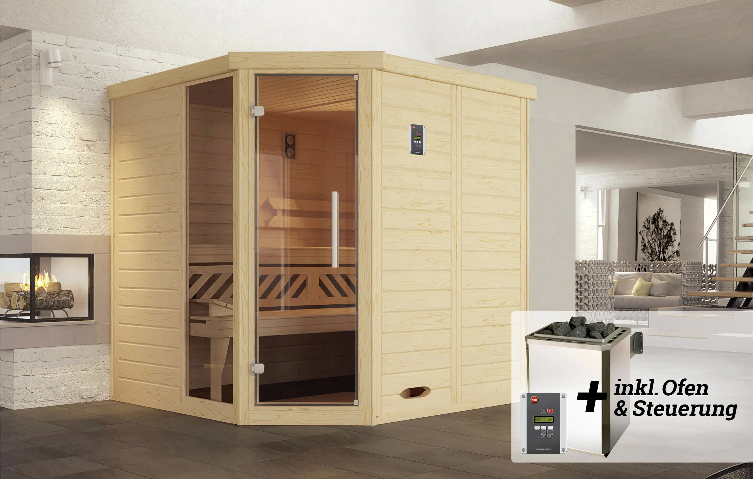 Weka Premium Massivholz-Elementsauna Kemi Eck Gr. 2 Sparset 7,5 kW OS