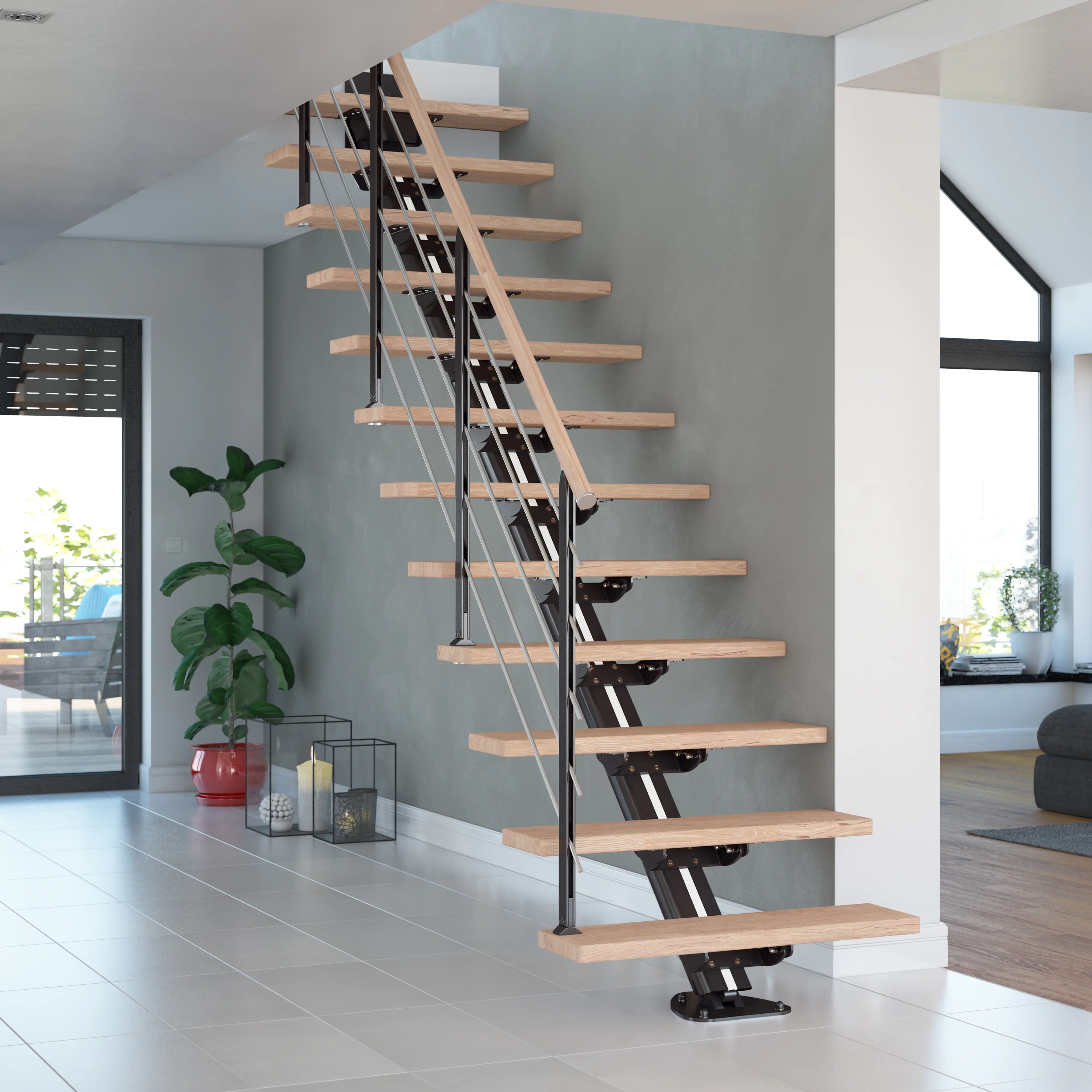 Dolle Mittelholmtreppe Sydney Eiche 75 cm 11 Stufen gerade mit Geländer anthrazit