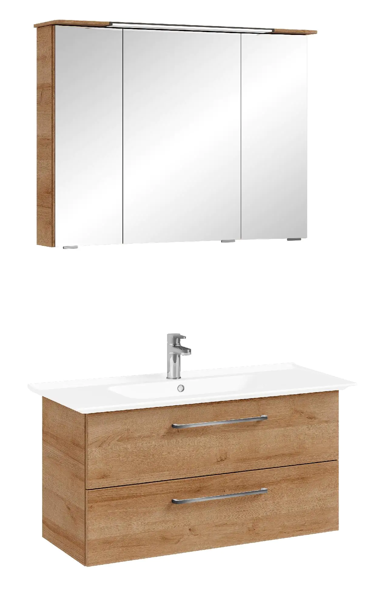 Pelipal Badmöbel-Set Riviera Eiche quer mit Keramik-Waschrisch + 3D-Spiegelschrank 100 cm