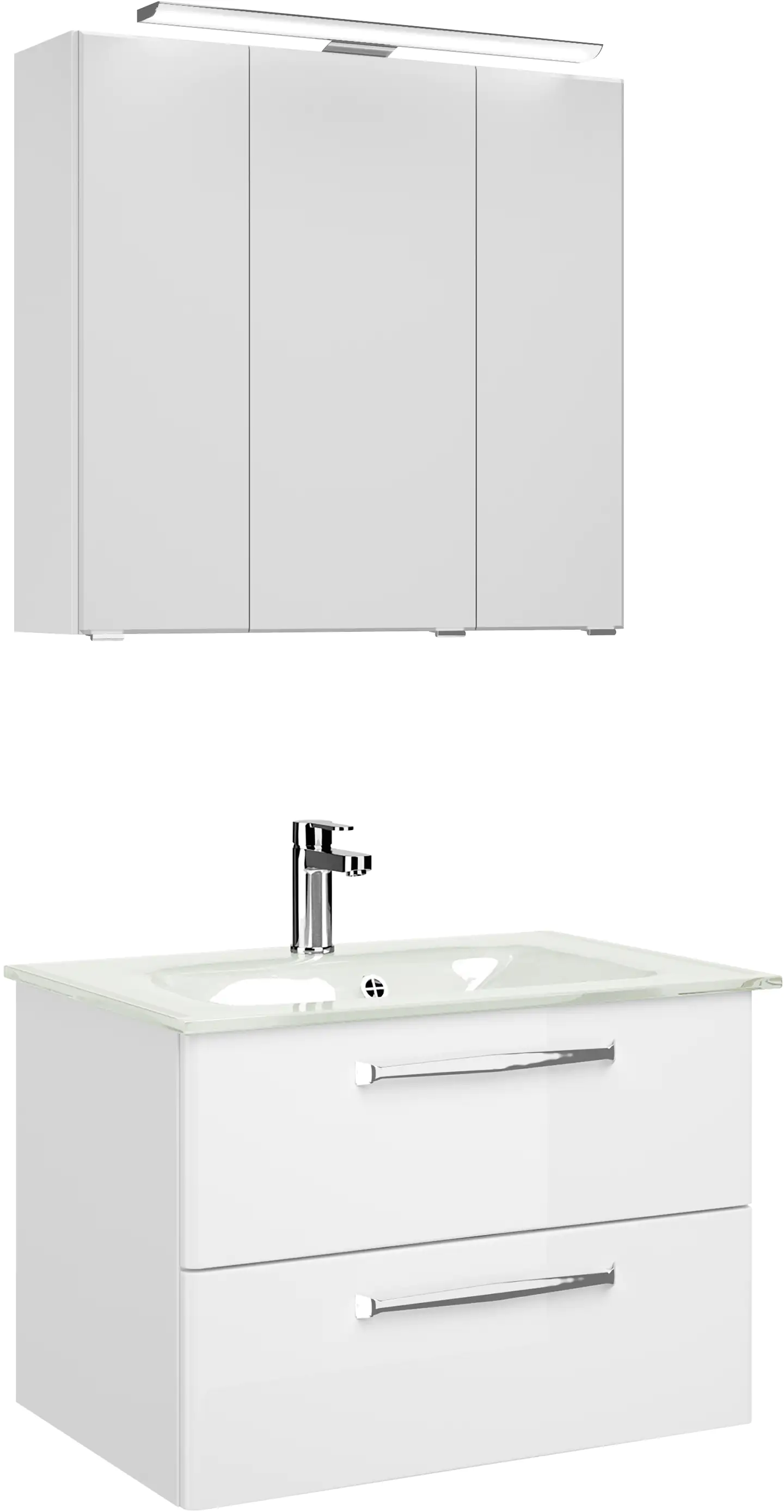 4017026109729 Pelipal Badmöbel-Set Trentino Weiß Hgl/Weiß Glanz mit Glas-Waschtisch + LED-Aufsatzleuchte 77 cm