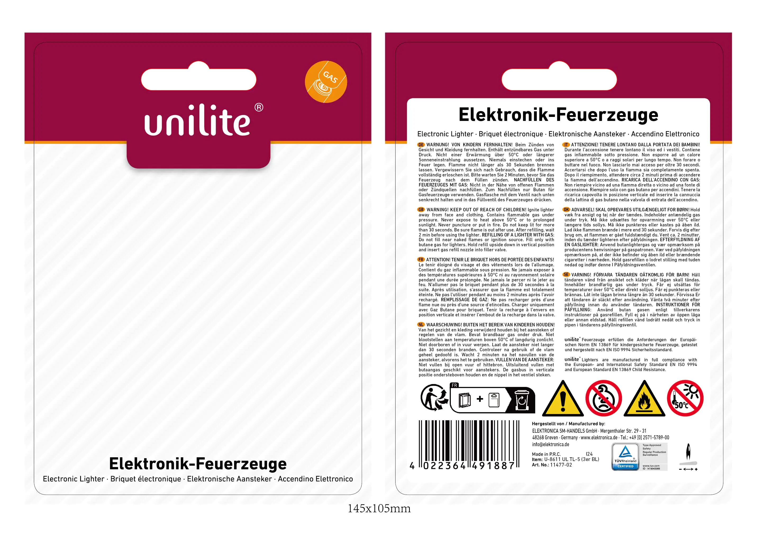 Unilite Elektronik-Feuerzeuge 3er Blister