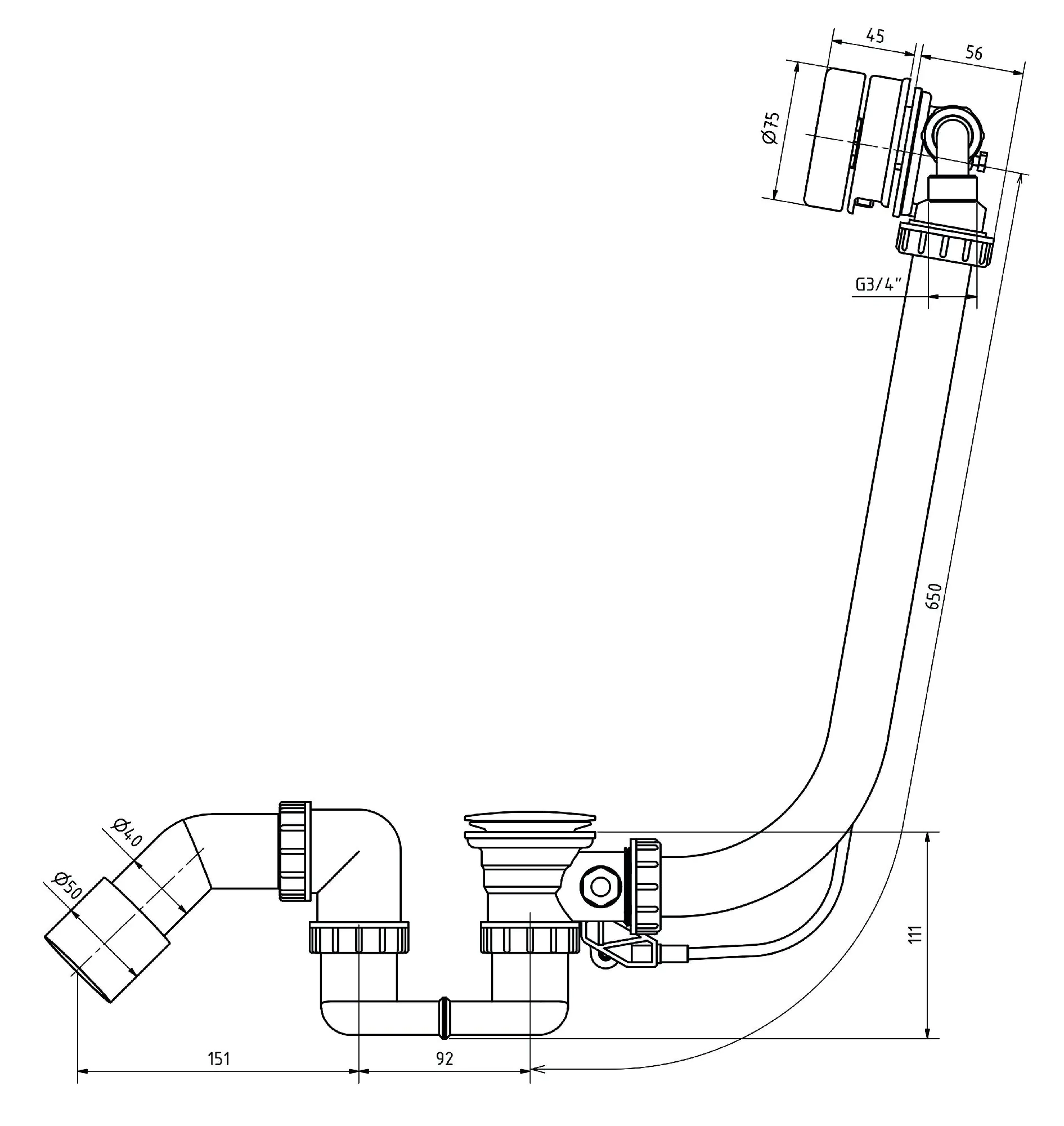 Ottofond Ab- und Überlaufgarnitur für Badewannen, mit Excentergarnitur, mit Wassereinlauf