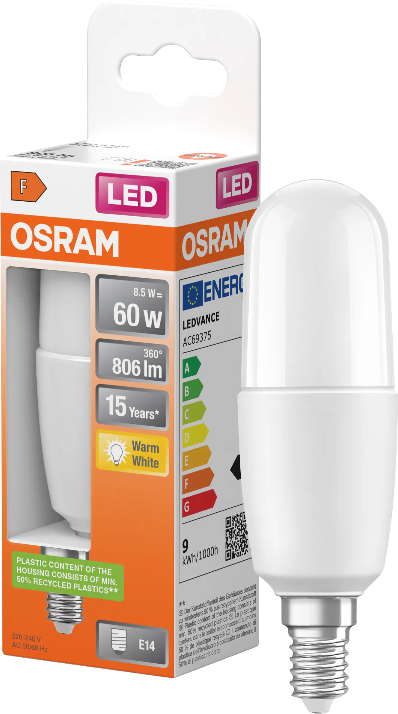 Osram LED Leuchtmittel Stick 60 E14 8W warmweiß, weiß matt