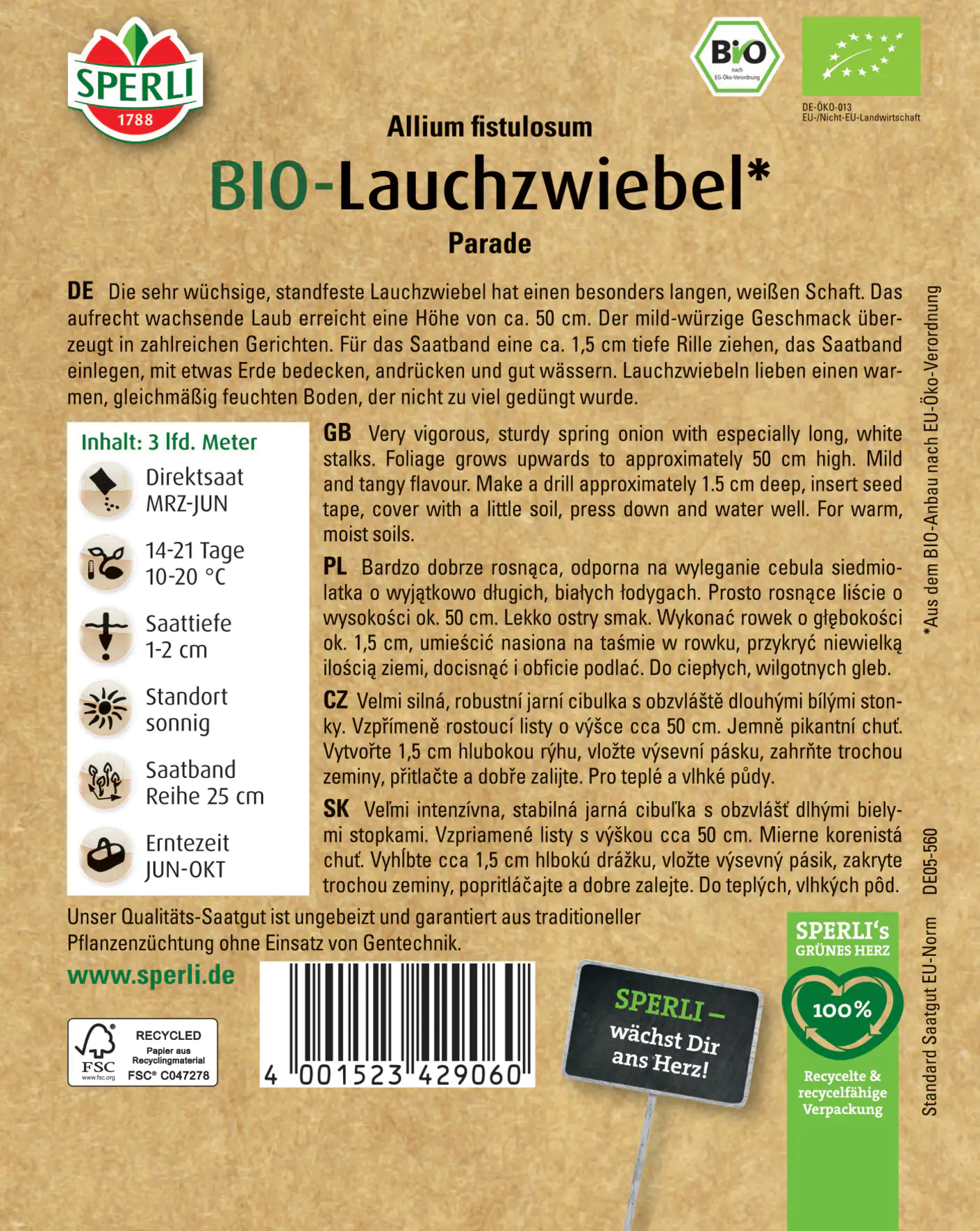 Sperli BIO Lauchzwiebel Saatband
