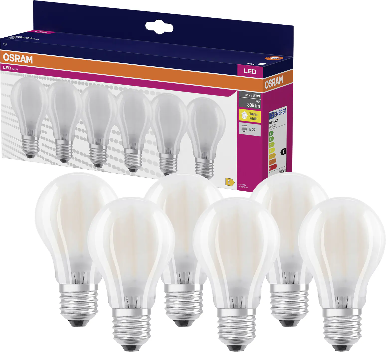 Osram Osram LED Leuchtmittel Klassik A60 E27 6,5 W warmweiß weiß matt 6er Pack