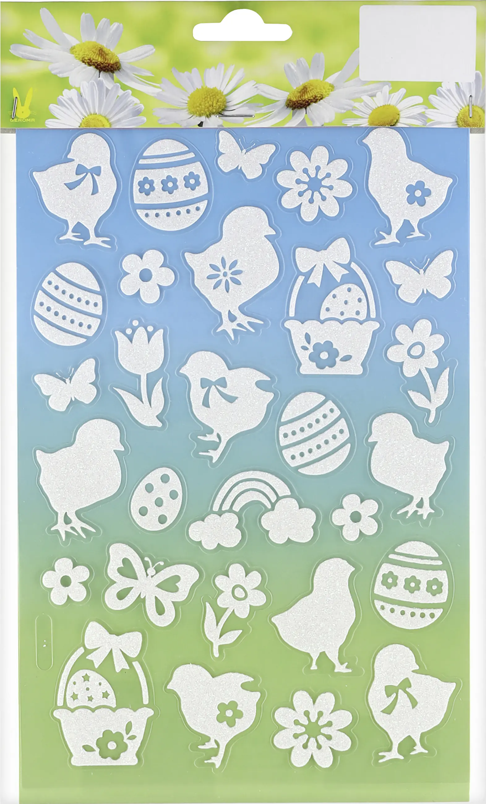 Osterdeko Glitzer-Fenstersticker Küken & Eier in verschiedenen Größen weiß