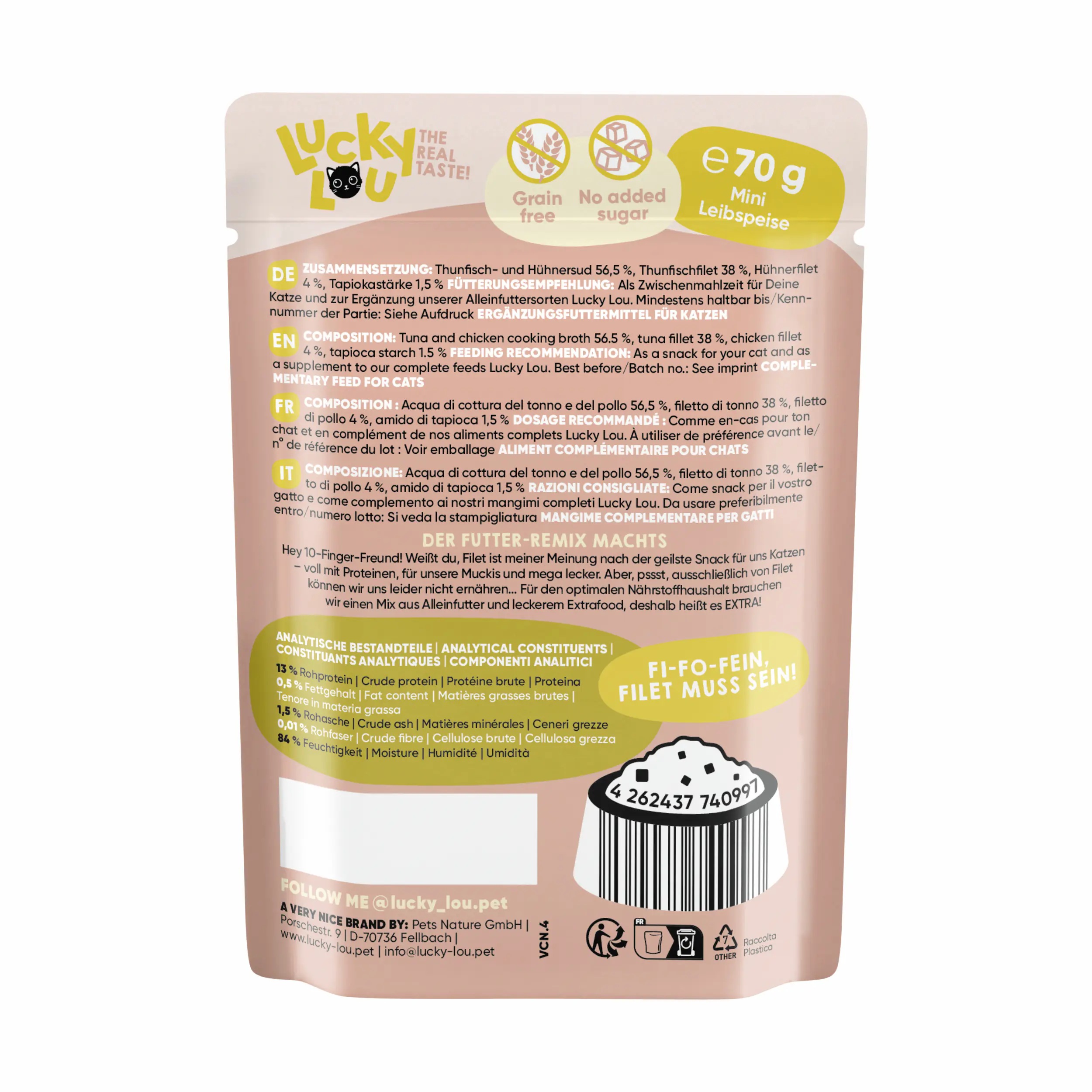 Lucky Lou Extrafood Katzennassfutter Adult getreidefrei 70 g Thunfisch & Hühnerfilet in Jelly