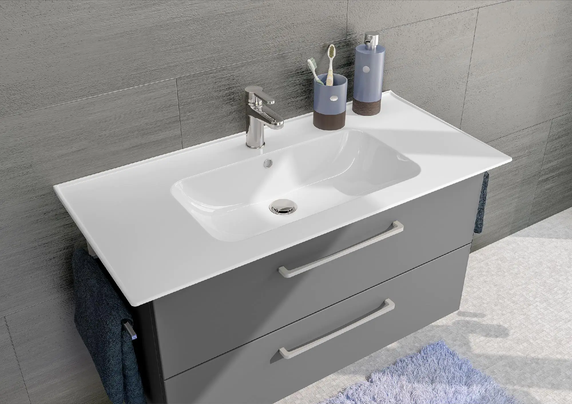 Pelipal Badmöbel-Set Quarzgrau Matt mit Keramik-Waschtisch + 3D-Spiegelschrank 100 cm