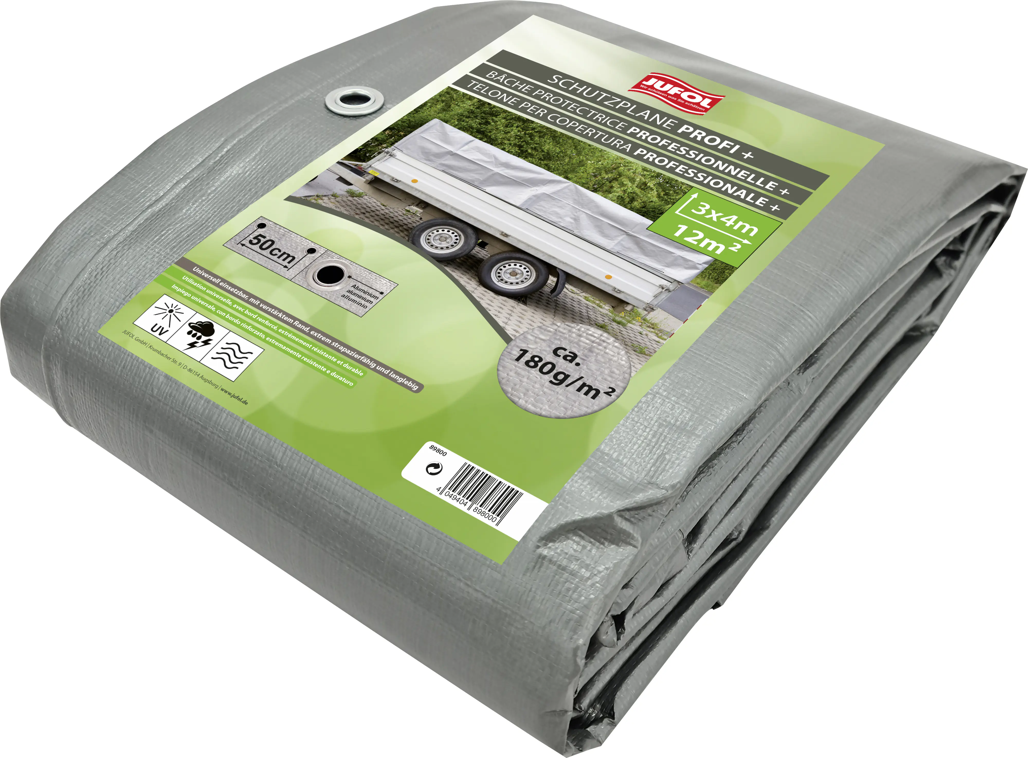 Jufol Abdeckplane für Anhänger 3 x 4 m = 12 m² - 180g/m² silber-grün