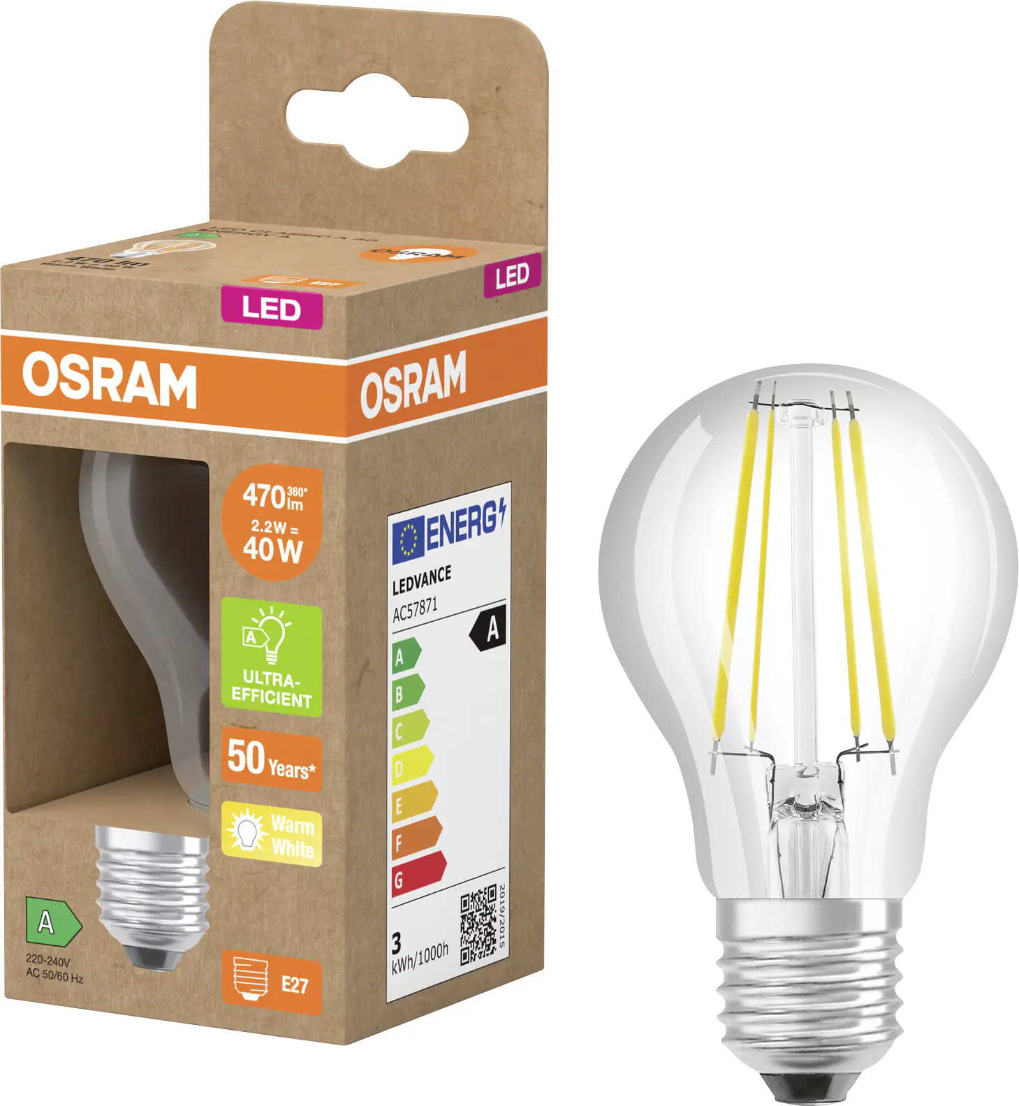 Osram LED Leuchtmittel Classic 2,2W klar E27 warmweiß