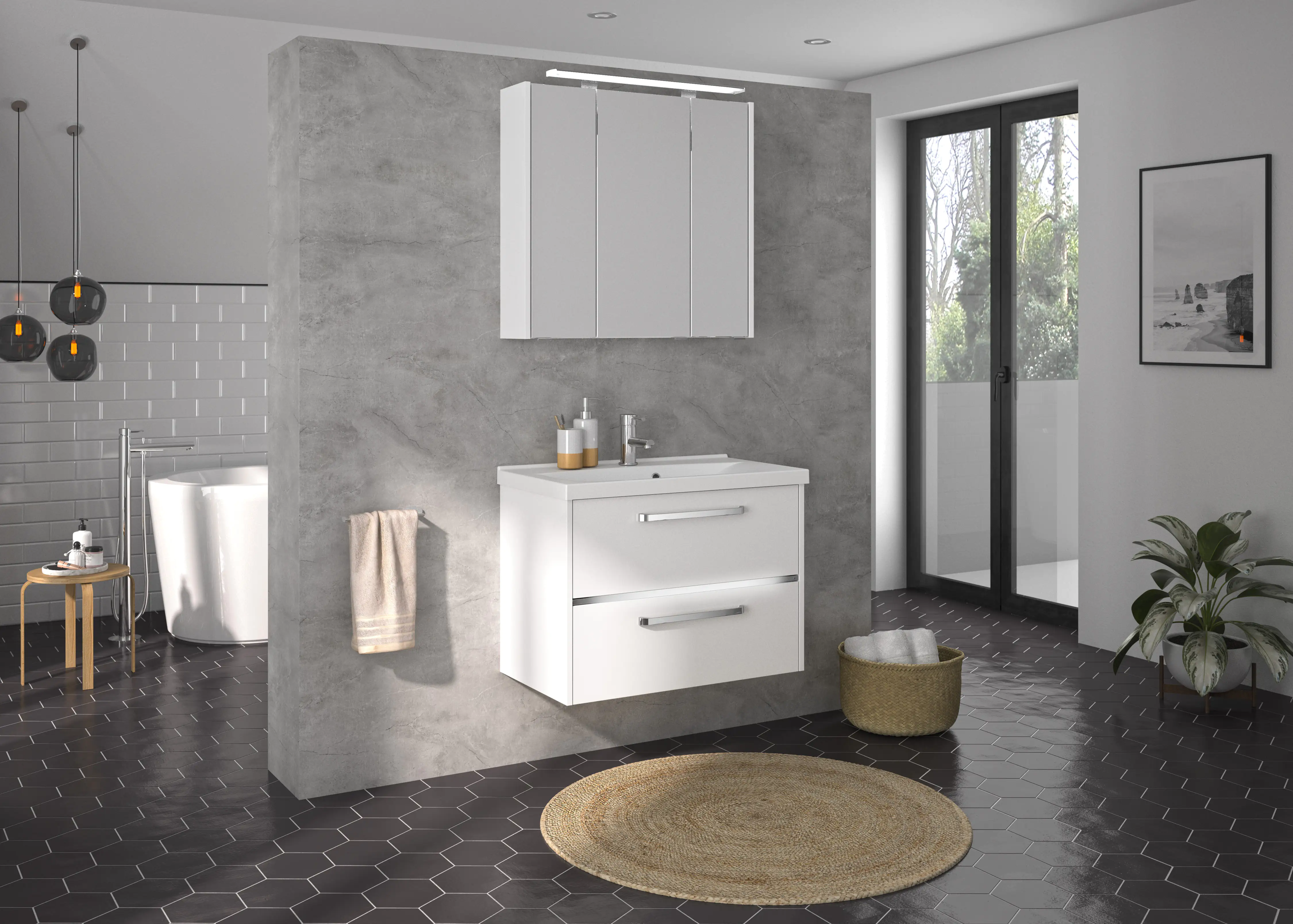 Primaster Badmöbel-Set Berlin weiß 77 cm LED-Leuchten, Mineralgusswaschtisch