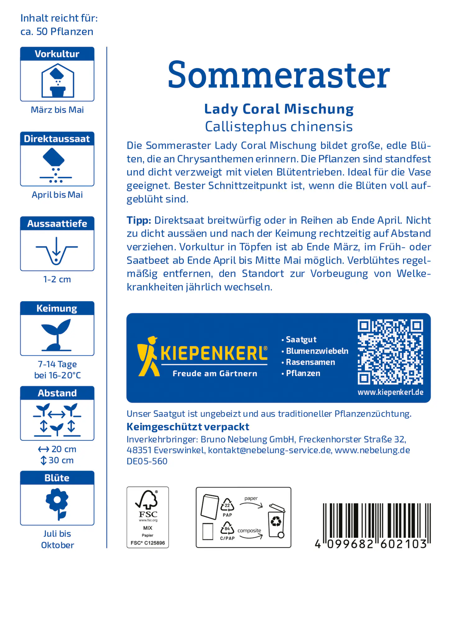 Kiepenkerl Profi-Line Blumensamen Sommeraster Lady Carol Mischung für ca. 50 Pflanzen