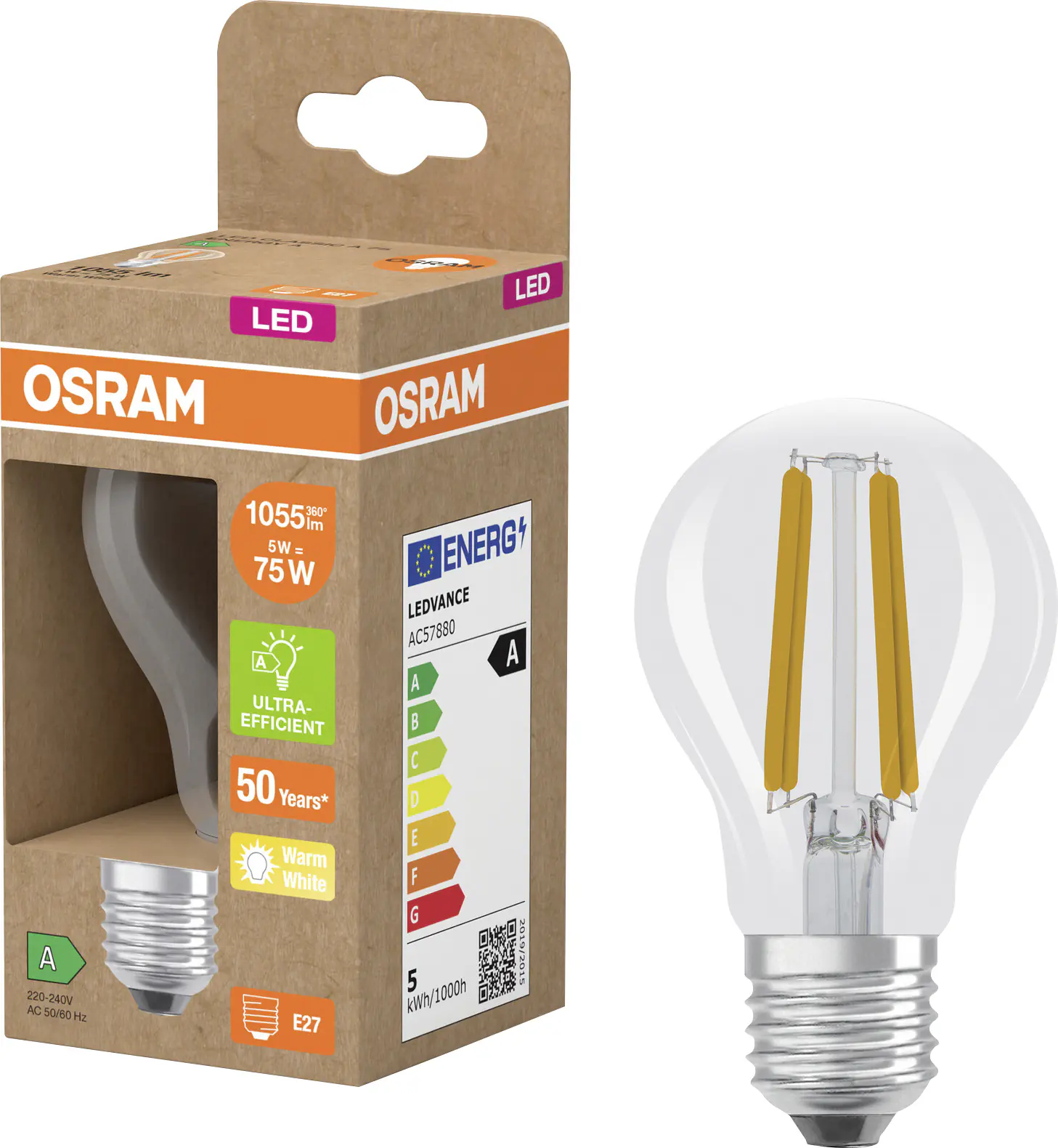 Osram LED Leuchtmittel Classic 5W 827 klar E27 warmweiß
