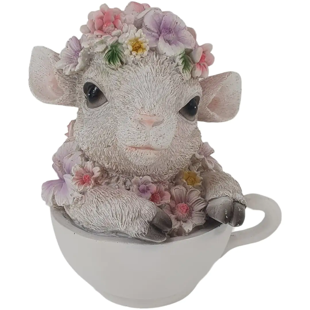 Dekofigur Schaf mit Blumen in Tasse 15 x 12,5 x 10,5 cm weiß rosa Dekofigur Schaf mit Blumen in Tasse 15 x 12,5 x 10,5 cm weiß rosa