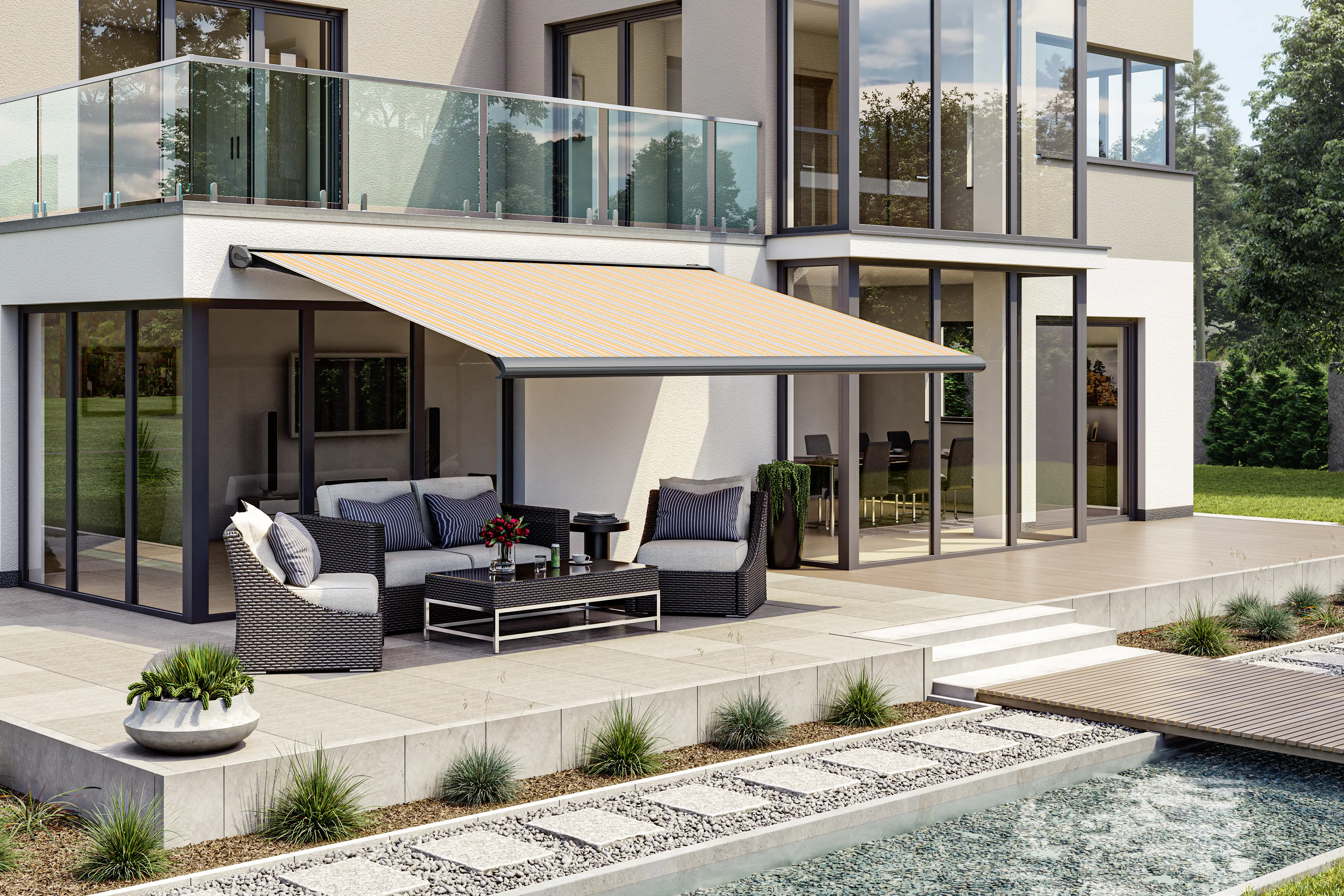 Kassettenmarkise S-Compact gelb-grau gestreift inkl. Motor, Aufputzschalter Kassettenmarkise S-Compact gelb-grau gestreift inkl. Motor, Aufputzschalter