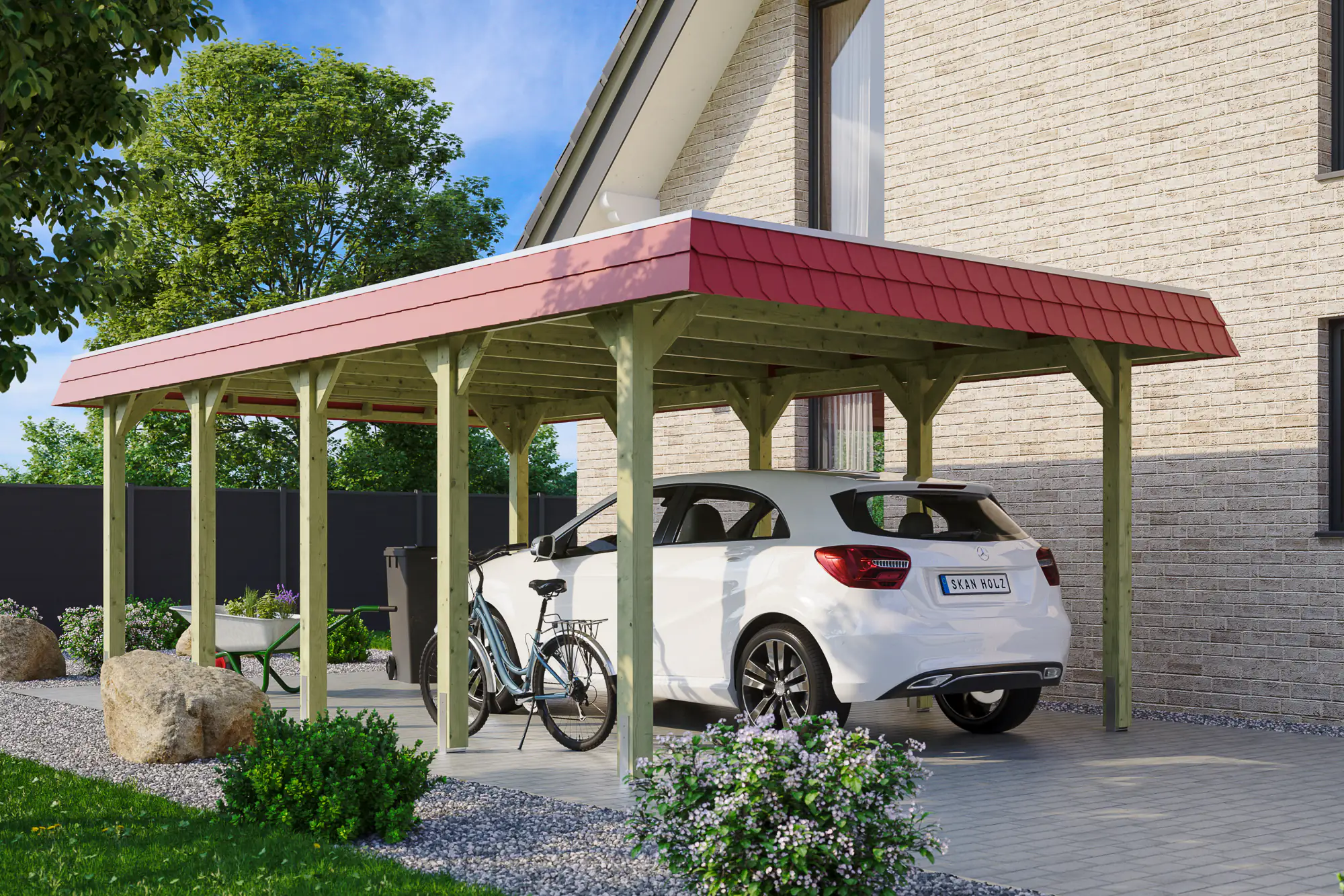 4018211034062 SKAN HOLZ Carport Spreewald 396 x 741 cm mit EPDM-Dach, rote Blende