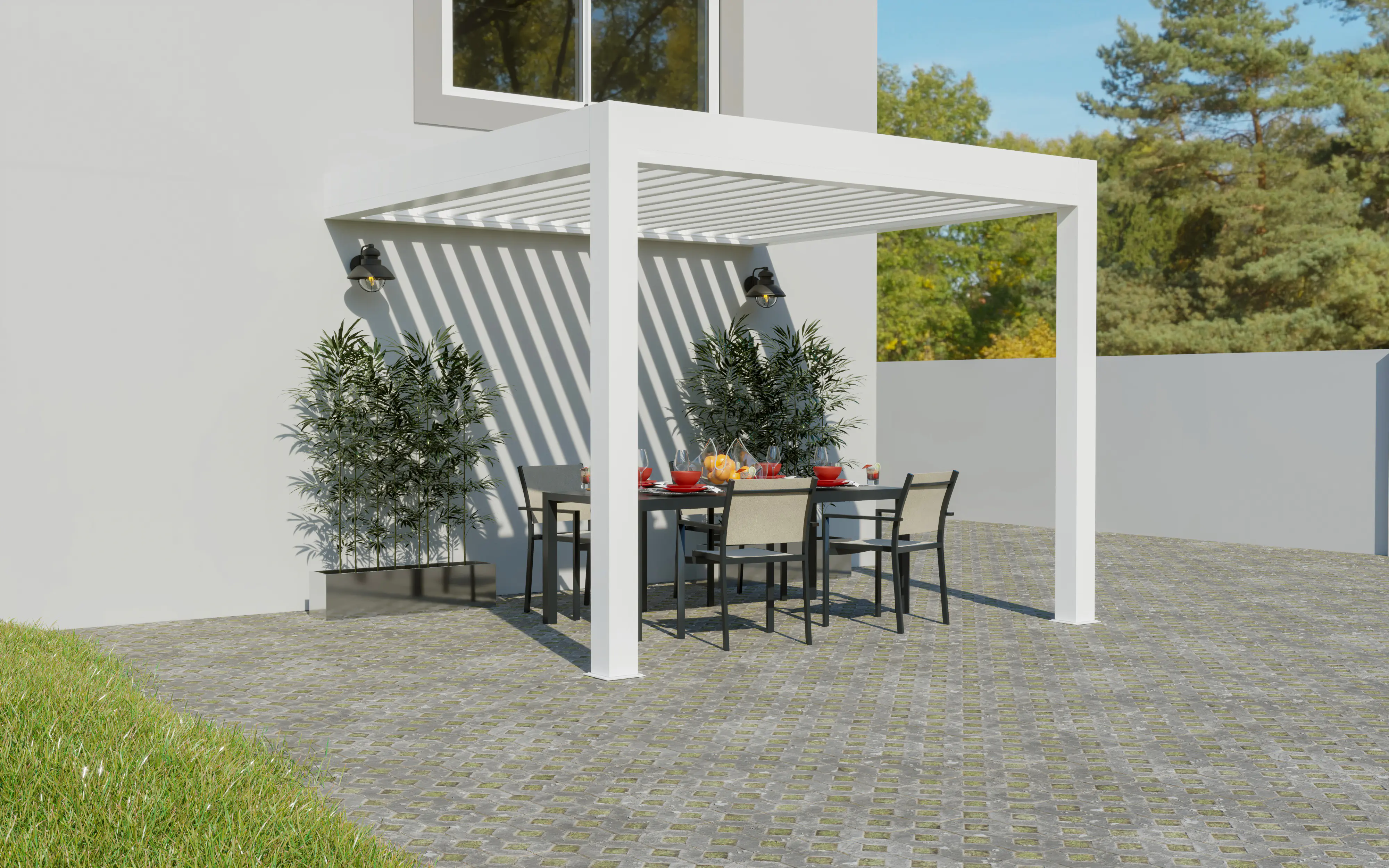 Lamellen Terrassenüberdachung 480 x 406,7 x 273 cm weiß