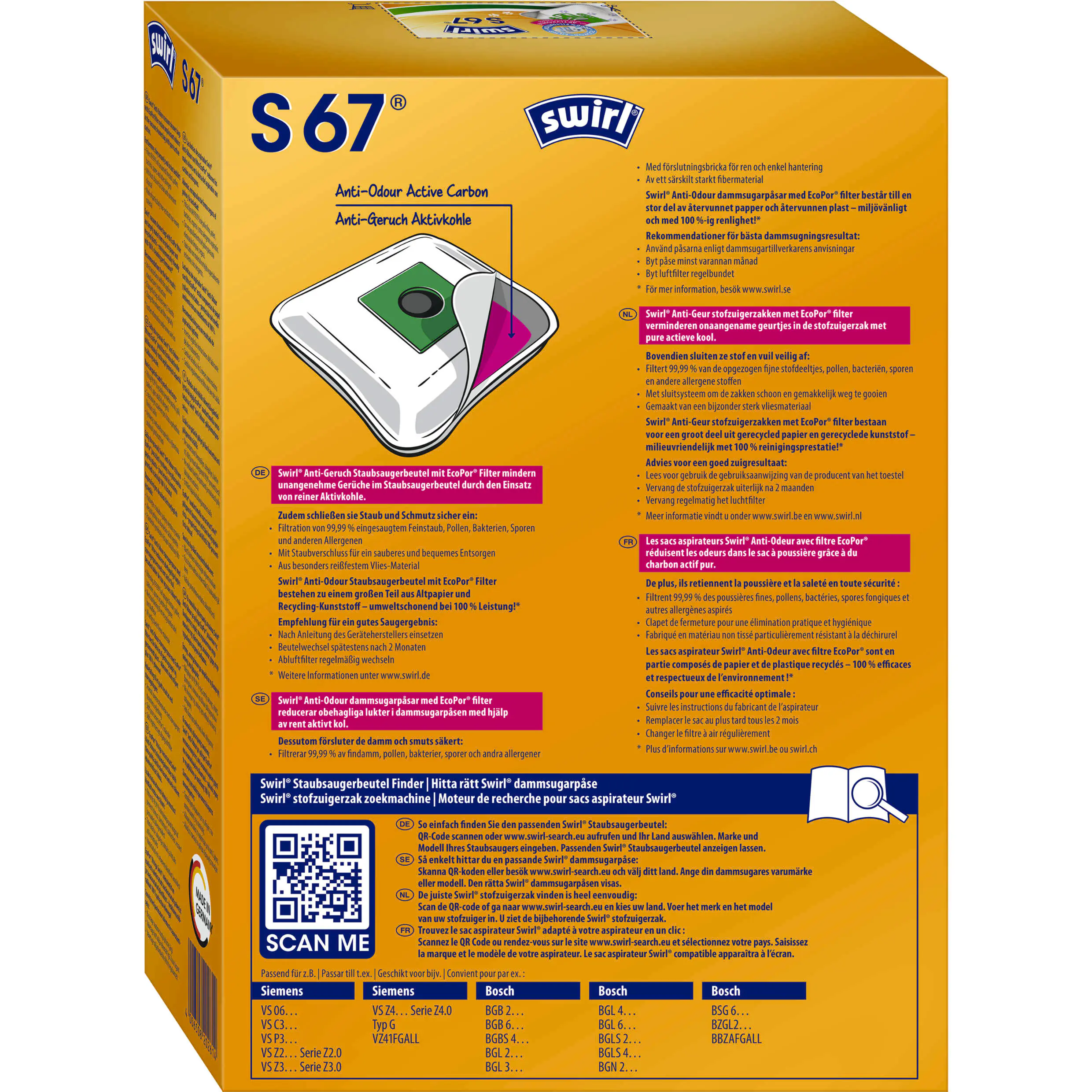 Swirl S 67 EcoPor Anti-Geruch Staubsaugerbeutel 4 Staubbeutel + 1 Filter