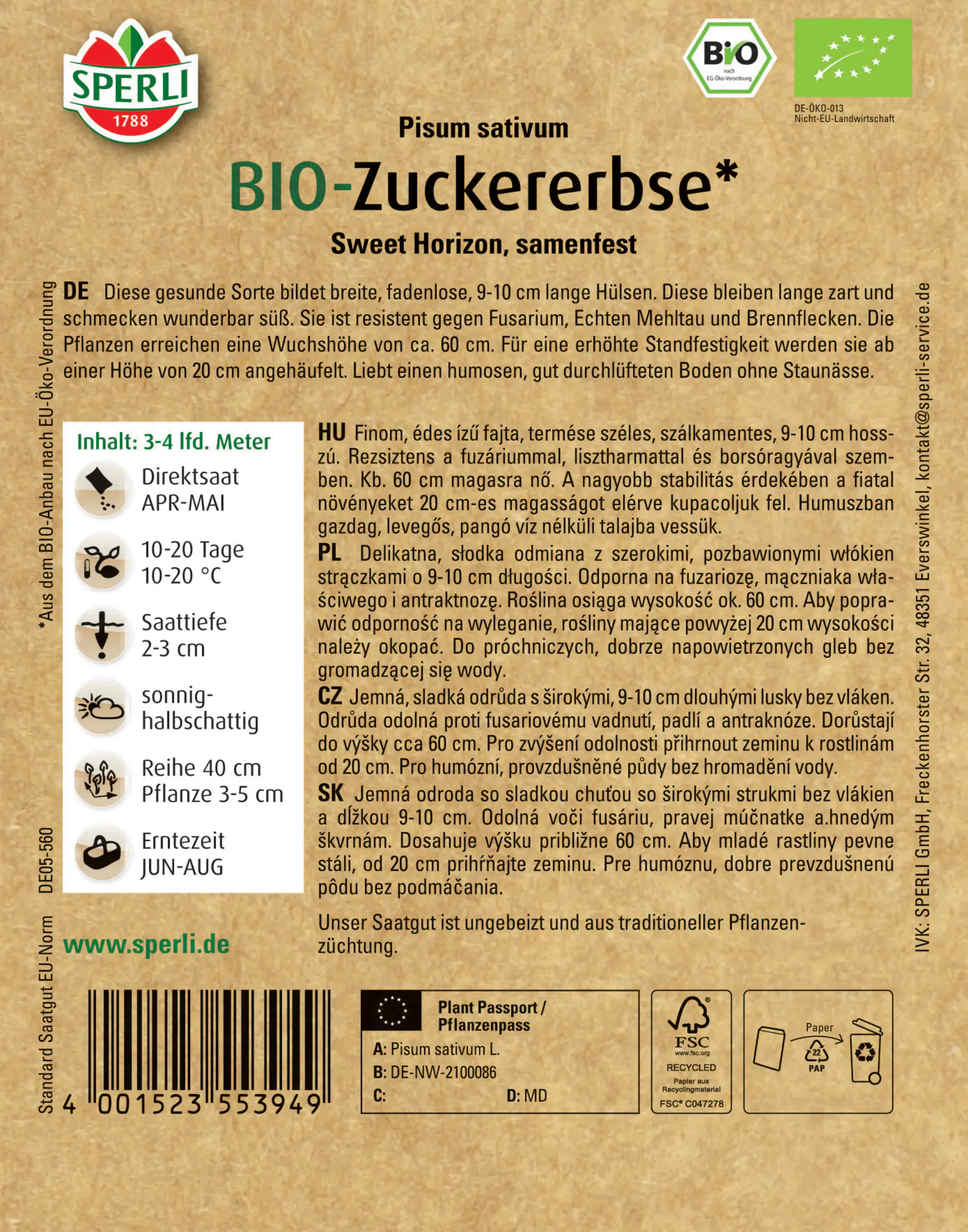 Sperli Saatgut BIO Zuckererbsen für bis zu 3-4 lfd. Meter