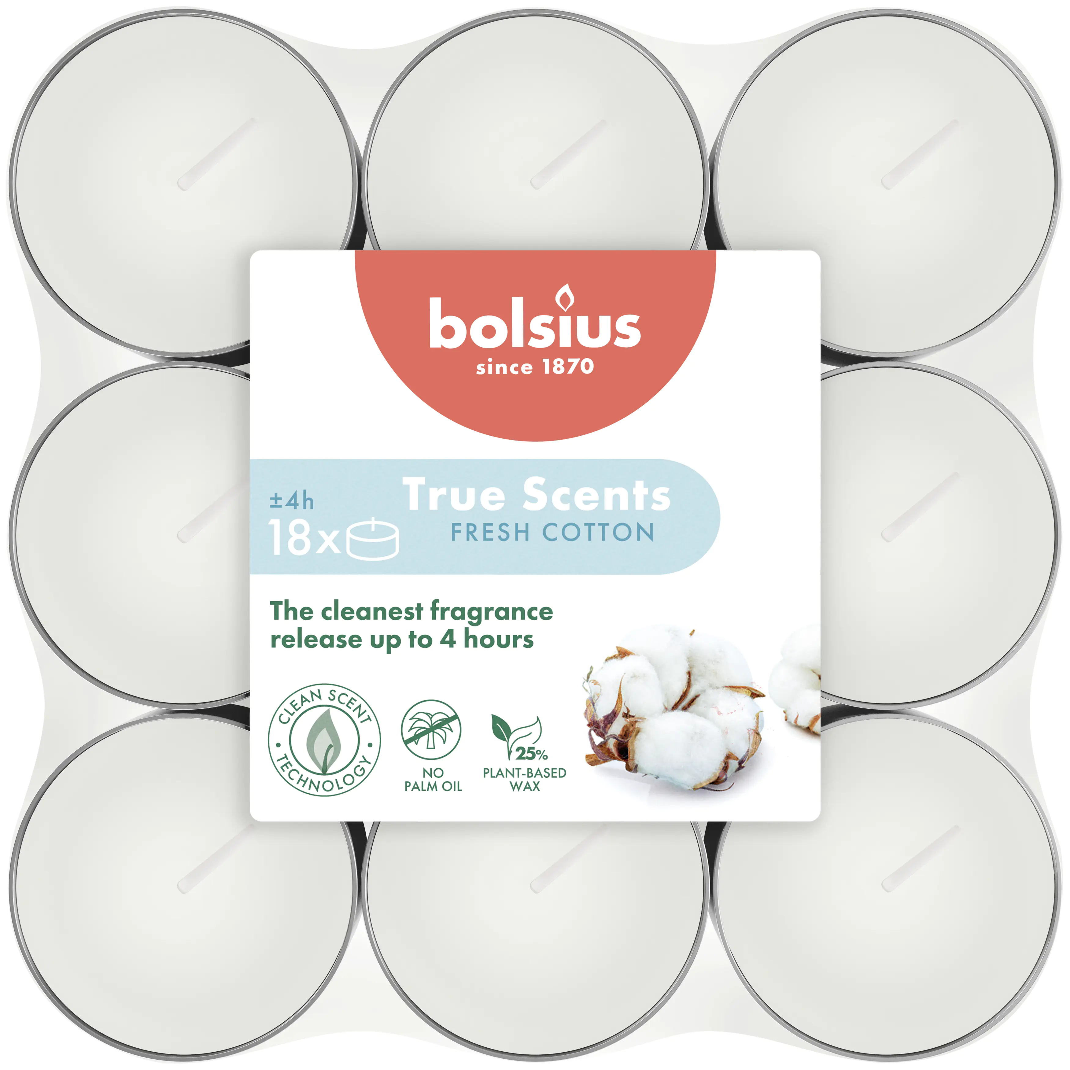Bolsius Duft-Teelichte Alu 4 Stunden 18er Pack True Scents Fresh Cotton