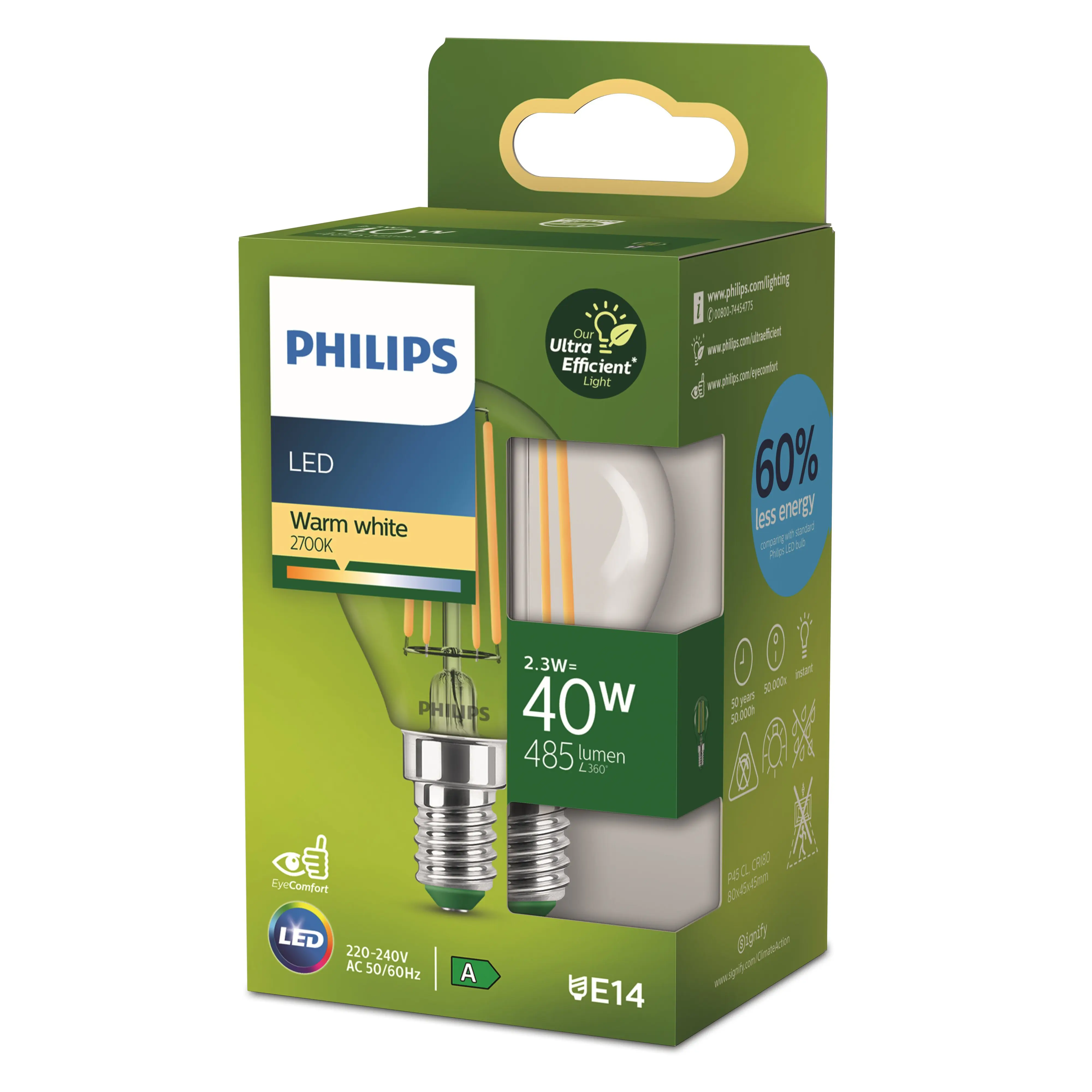 Philips LED Leuchtmittel E14 2,3W 485lm 2700K 