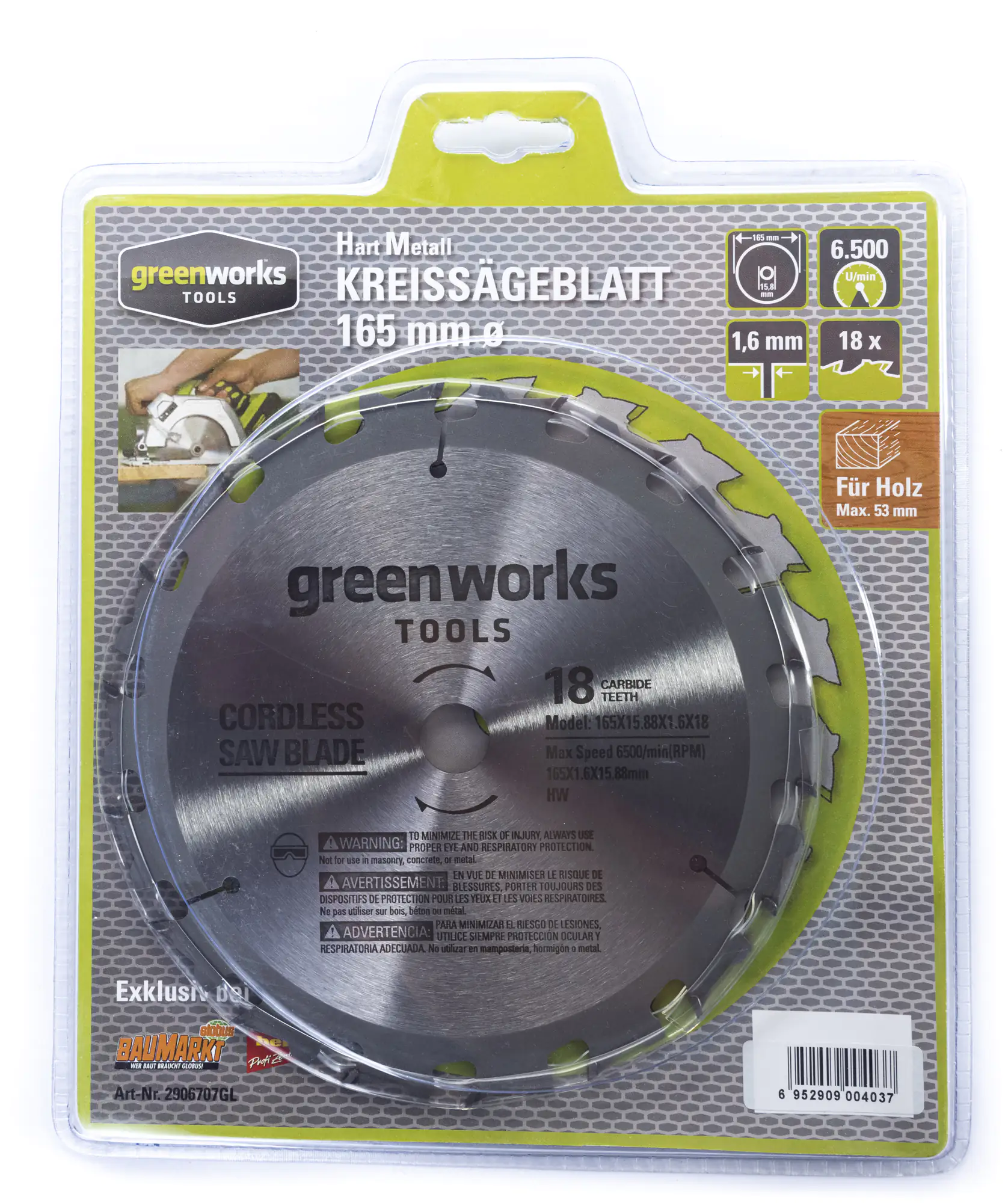 Greenworks Kreissägeblatt Ø 165 mm, Bohrung Ø 15,8 mm
