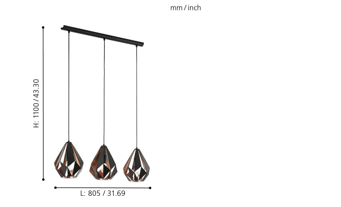 Eglo 3er Pendelleuchte Carlton 1 schwarz-kupfer 80,5 x 20,5 cm E27