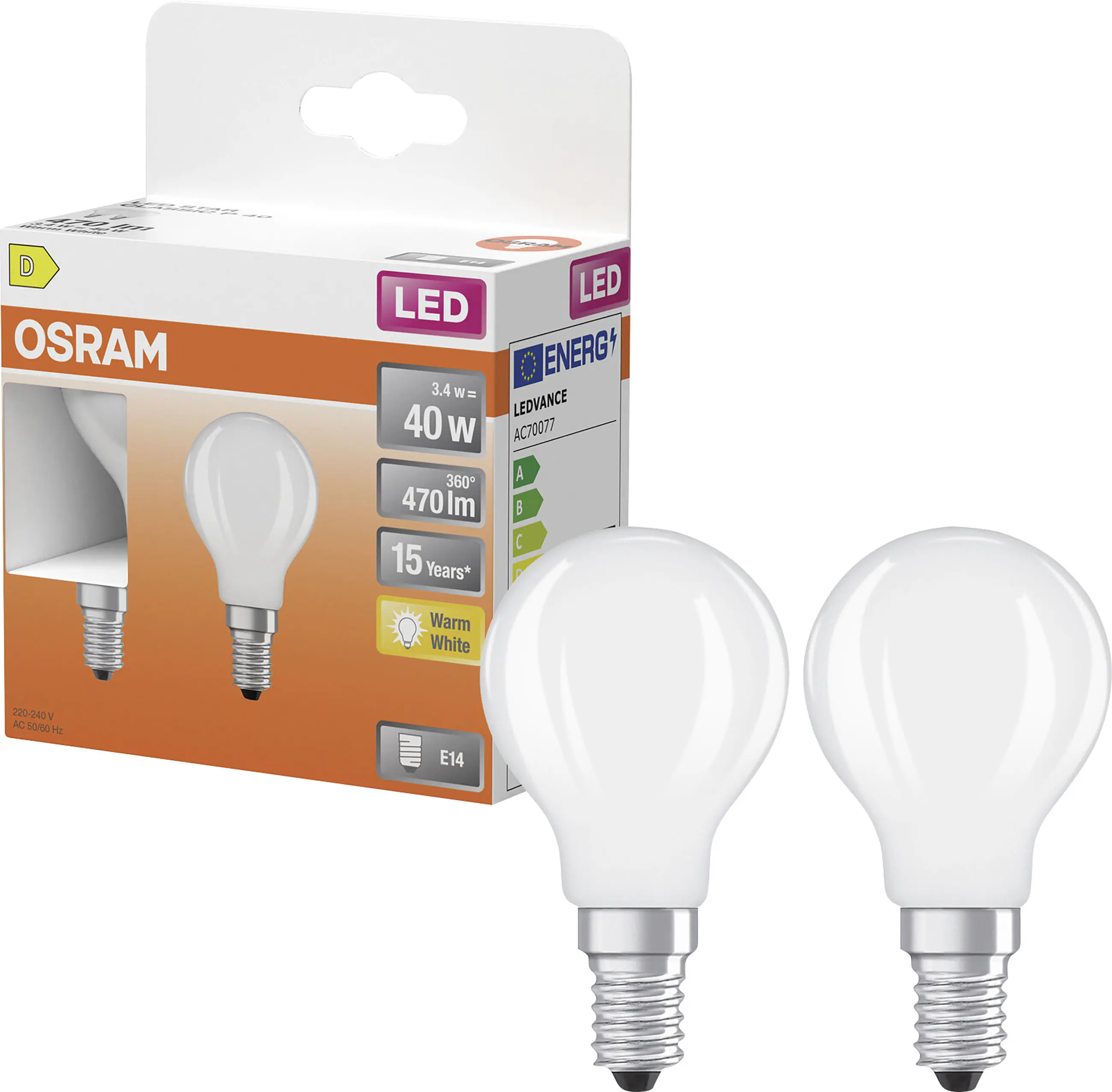 Osram LED Leuchtmittel E14 2er Pack Star Classic 3,4W matt warmweiß