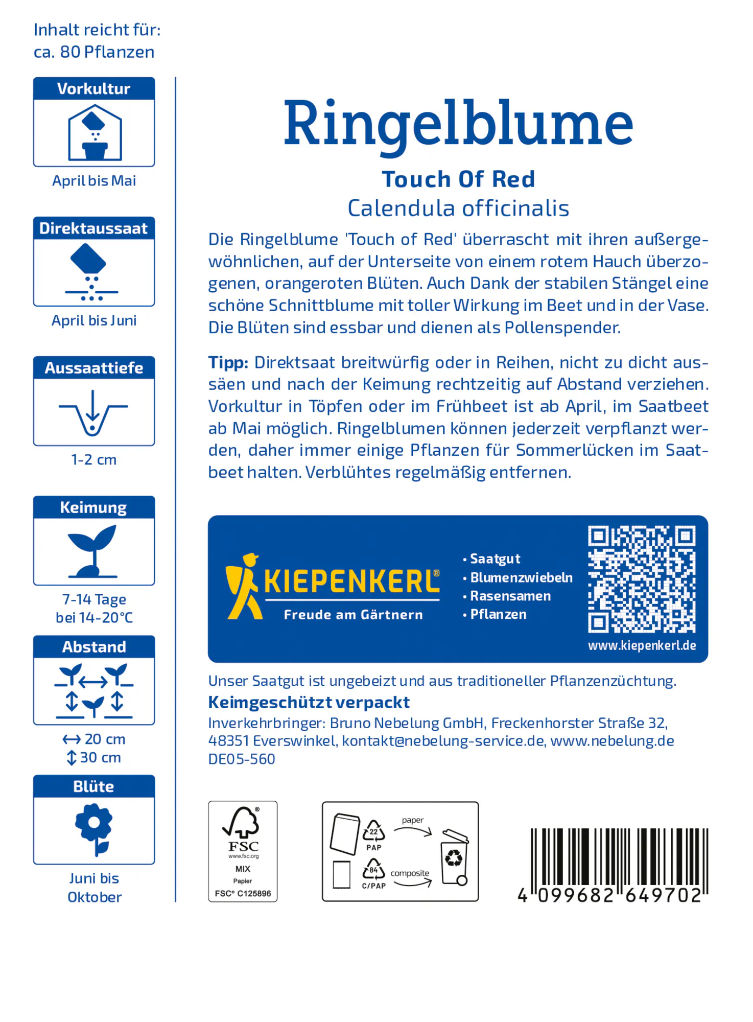 Kiepenkerl Profi-Line Blumensamen Ringelblumen Touch Of Red für ca. 80 Pflanzen