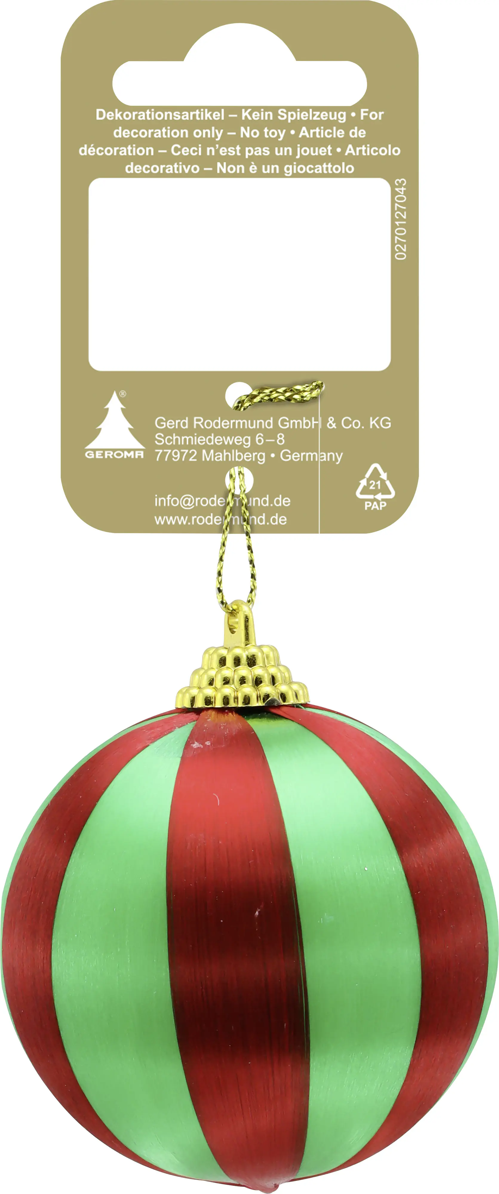 Weihnachtskugel aus Kunststoff Ø 6 cm grün/rot