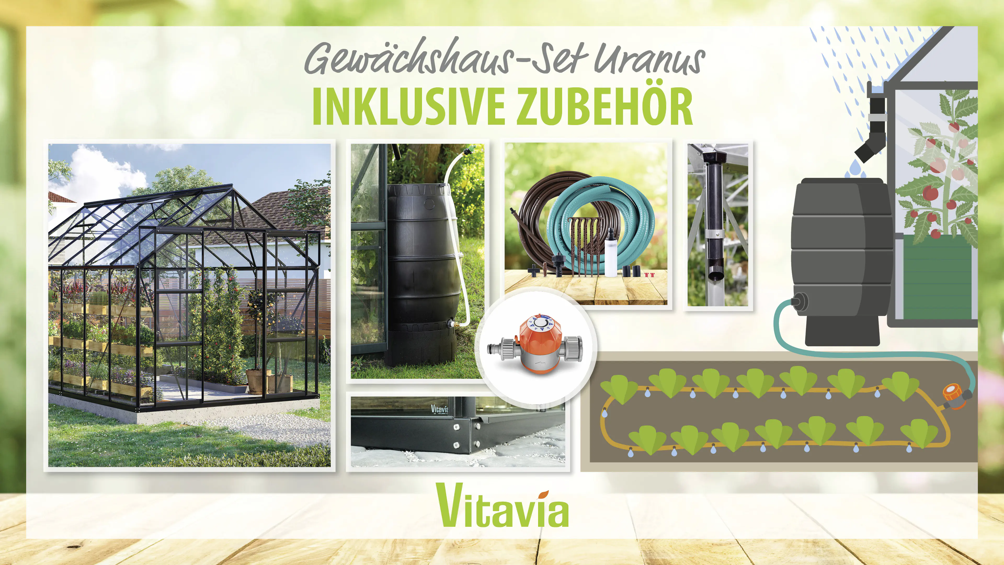 Vitavia Gewächshaus-Set Uranus 9900 ESG 3 mm schwarz 254 x 379 cm 
