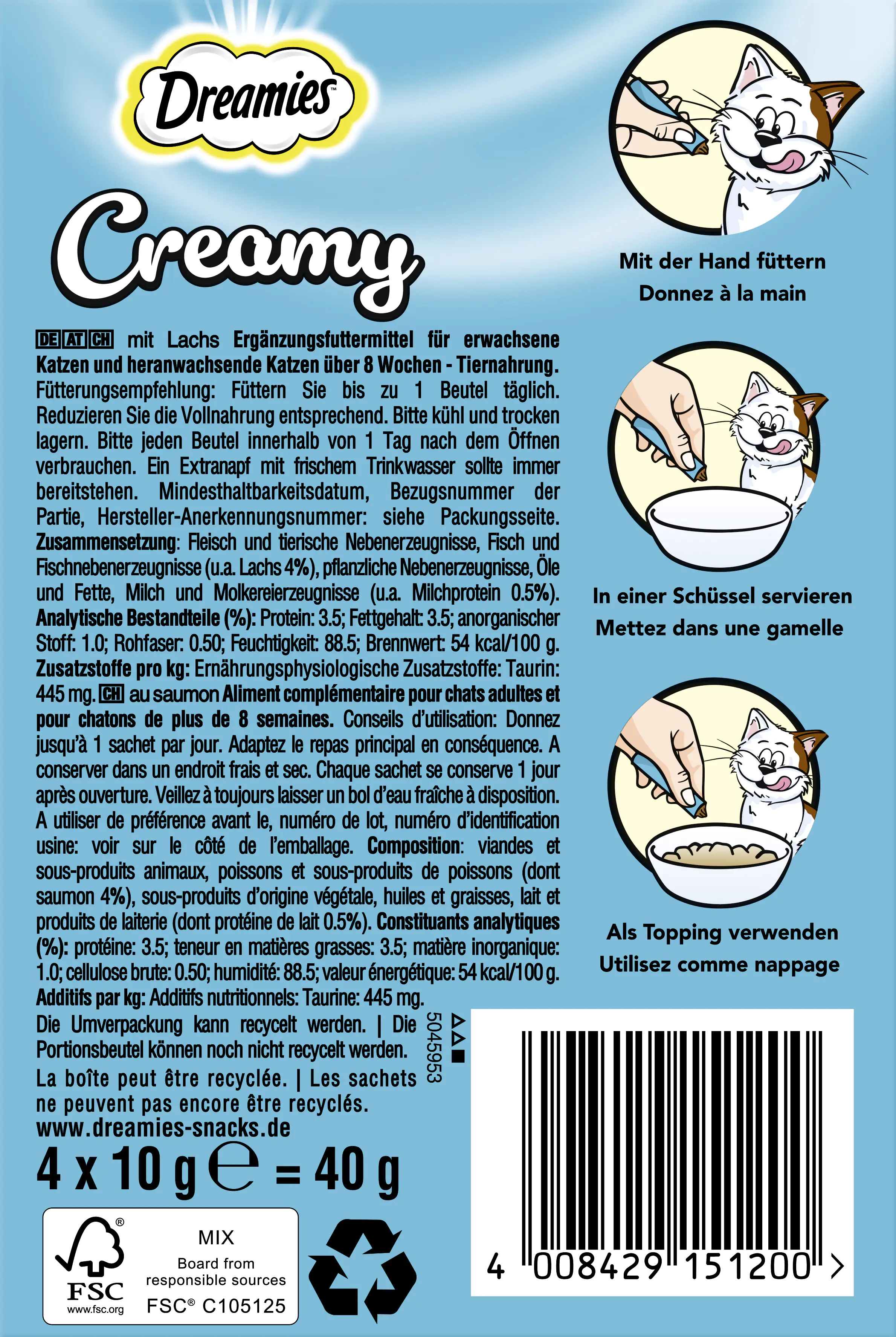 Dreamies Creamy Snacks mit Lachs Katzensnack 4 x 10 g Multipack