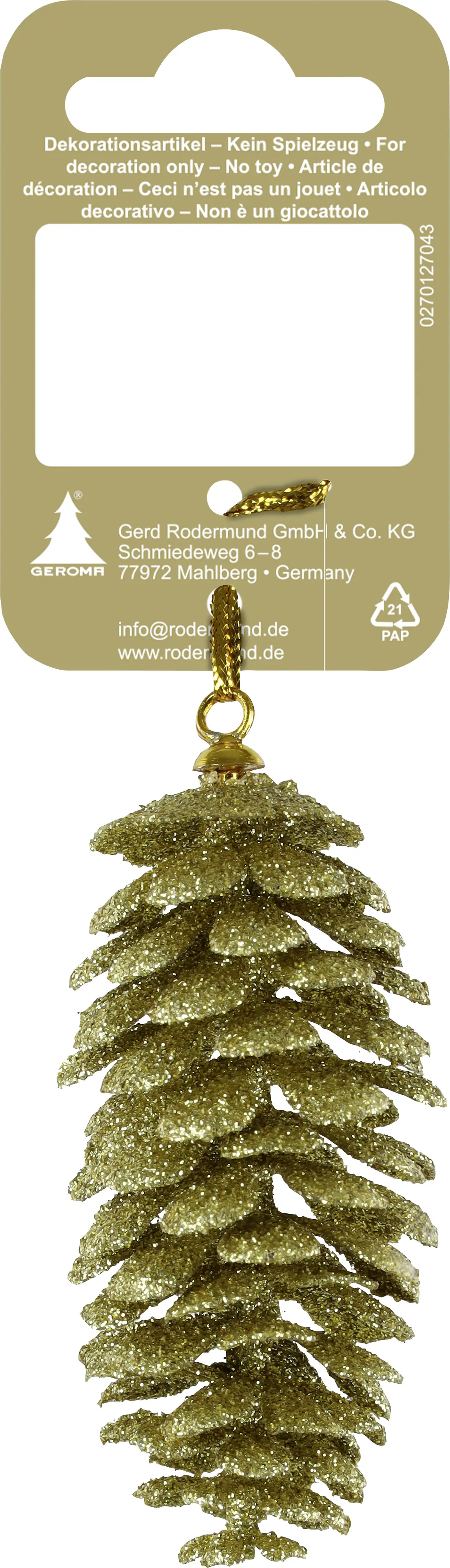 Weihnachtsanhänger Tannenzapfen aus Kunststoff 8 cm gold