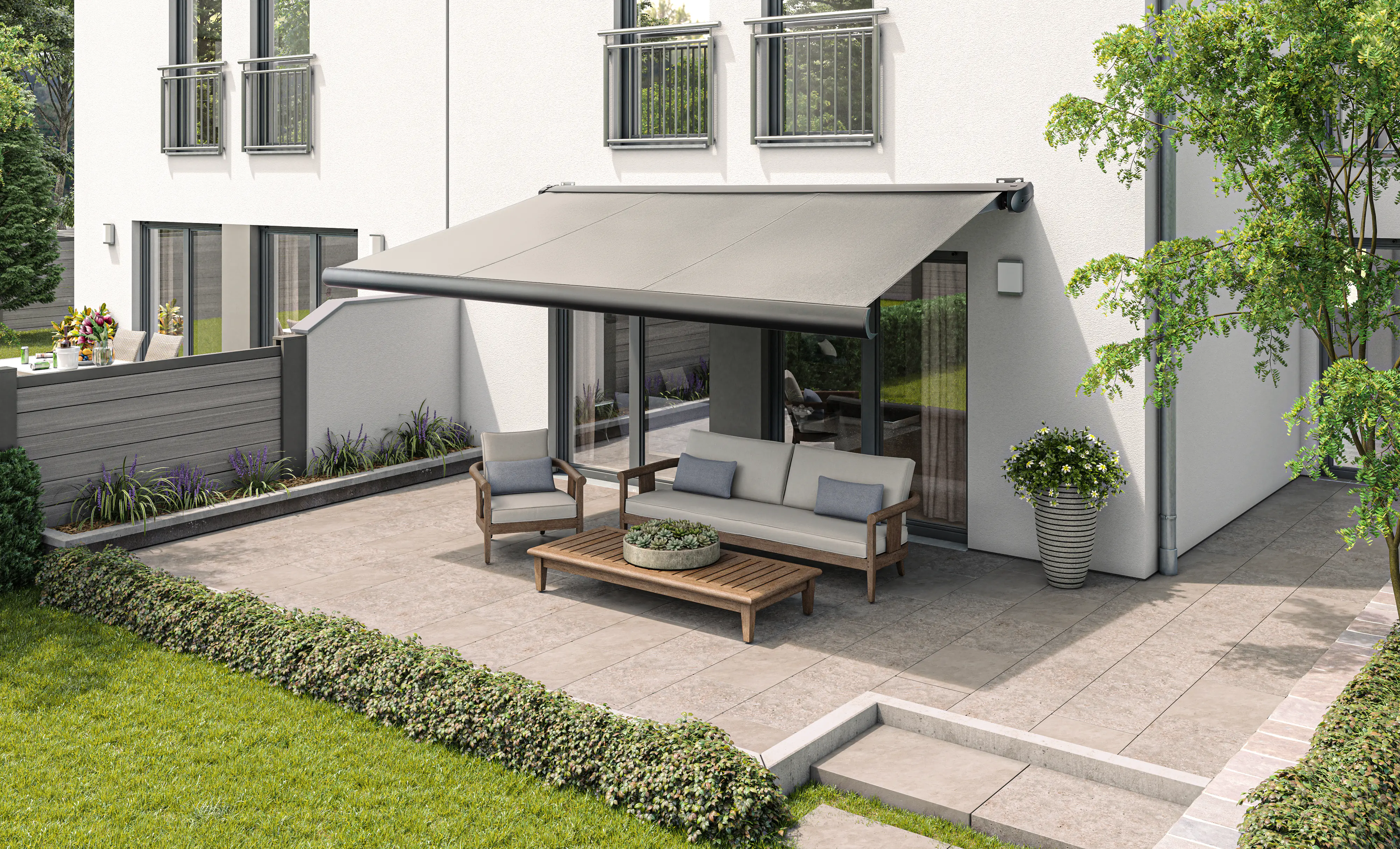 Kassetten-Markise Lyon elektrisch beige Breite 400 cm, Aufall 300 cm