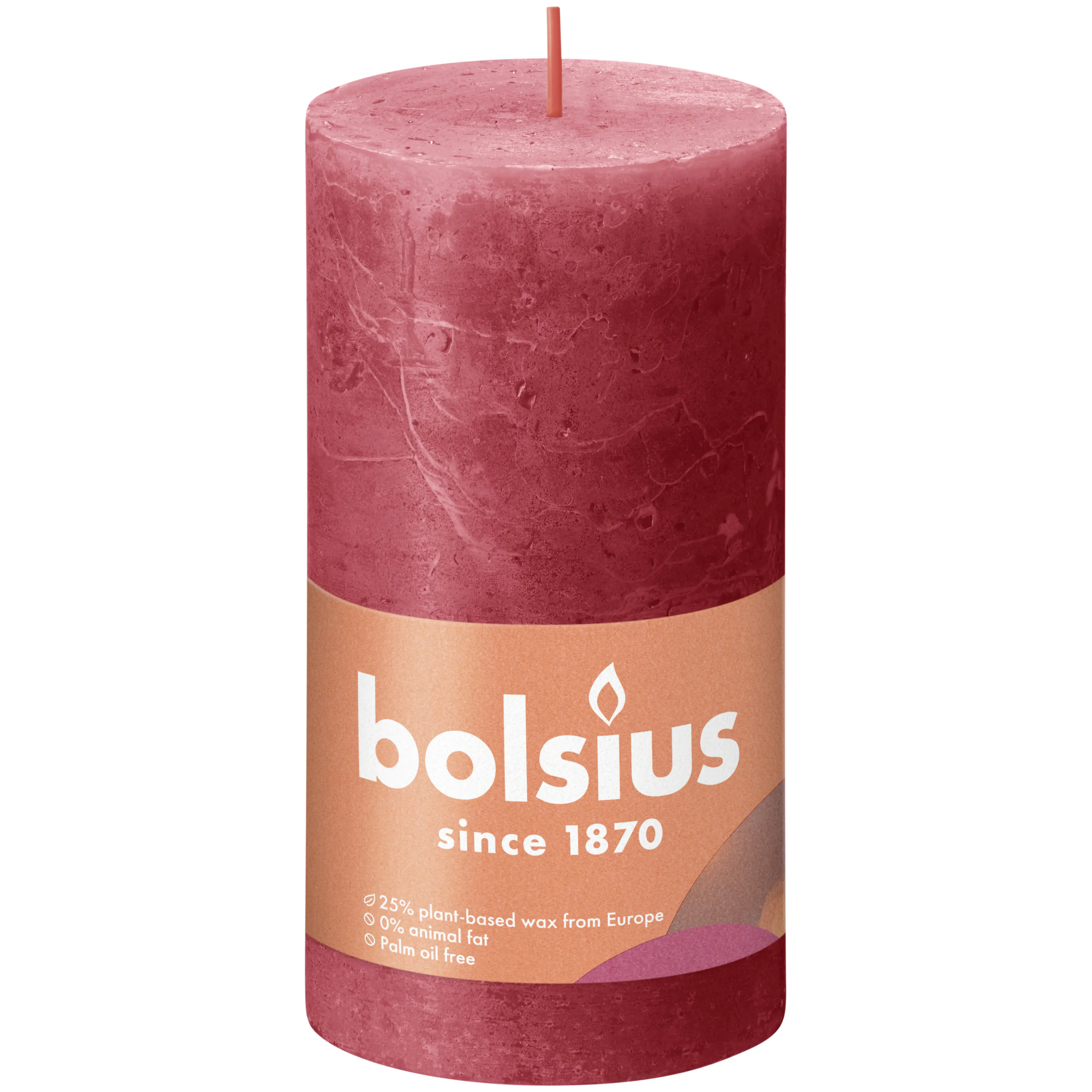 Bolsius Rustik Stumpenkerze zartes rot, Höhe: 13 cm, Ø 6,8 cm