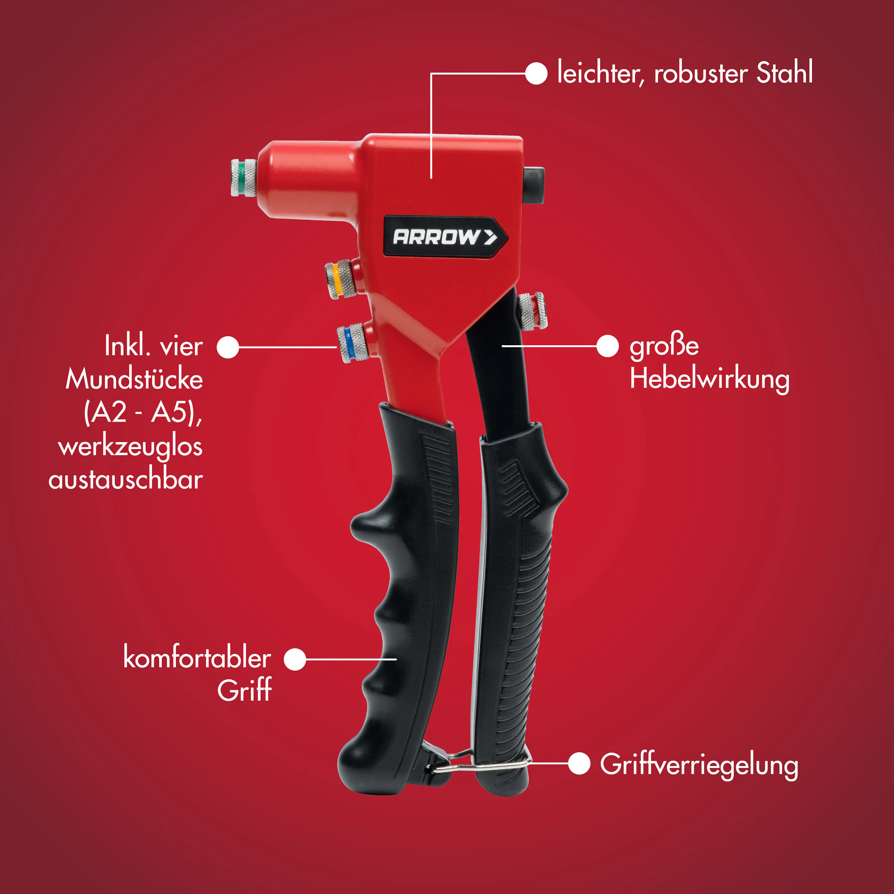 Arrow Blindnietzange RT188 20,8 cm inkl. 4 Mundstücke