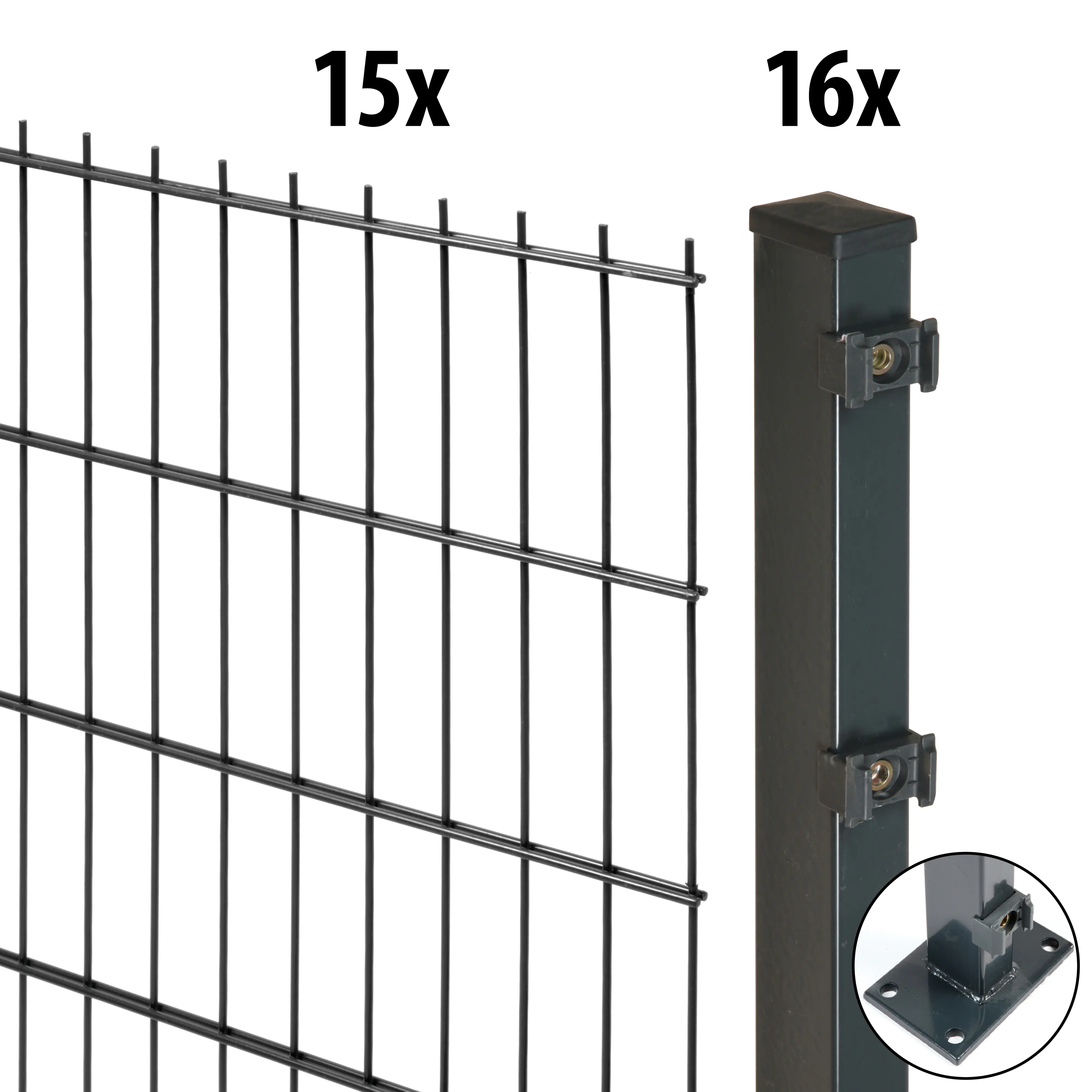 Floraworld Doppelstabmatten-Zaun Set Comfort 30 m 201 x 143 cm mit Bodenplatte & 16 Pfosten 149 cm anthrazit