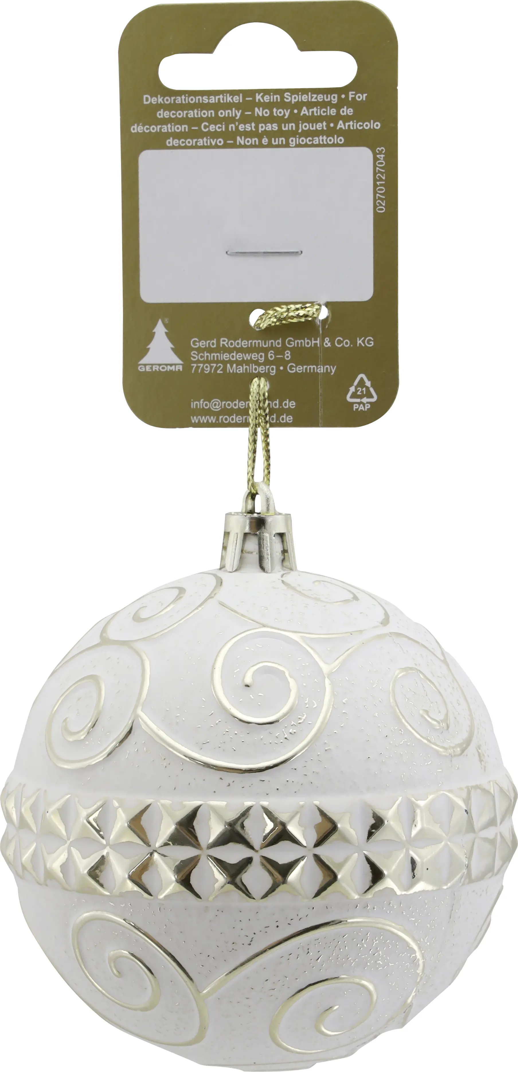 Weihnachtsanhänger Ornamentkugel aus Kunststoff Ø 7,8 cm weiß/gold