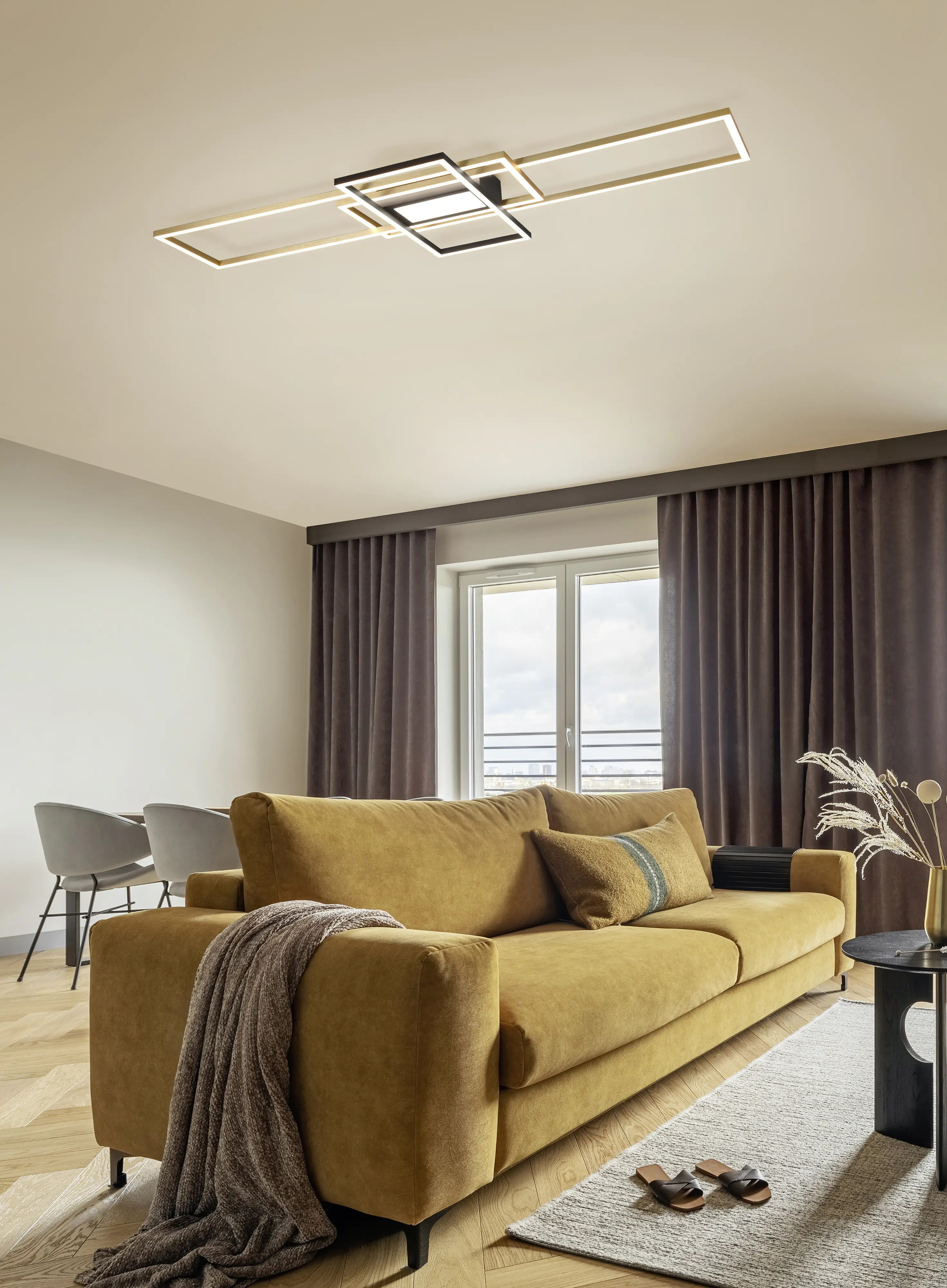 Trio Leuchten LED Deckenleuchte Irvine schwarz-messing 105 x 42 cm dimmbar