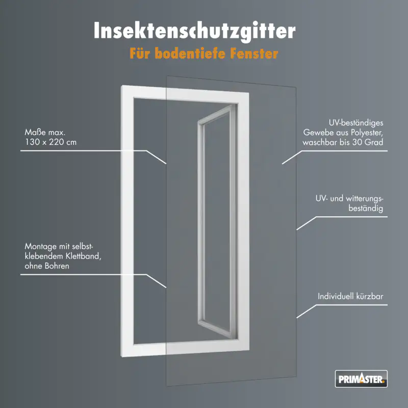 Primaster Fliegengitter für bodentiefe Fenster 130 x 220 cm anthrazit kürzbar