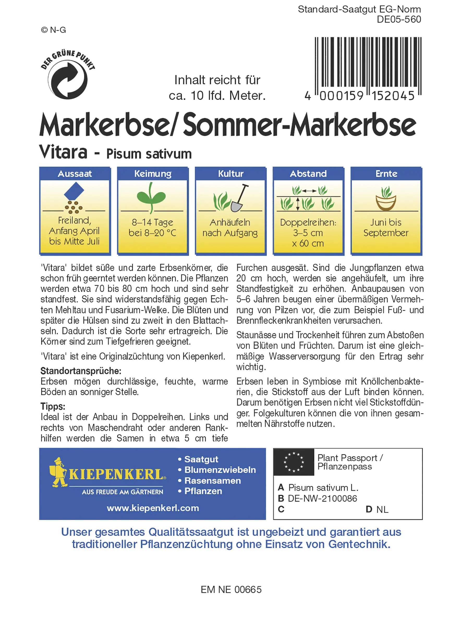 Kiepenkerl Markerbse Vitara Inhalt reicht für ca. 10 lfd. Meter