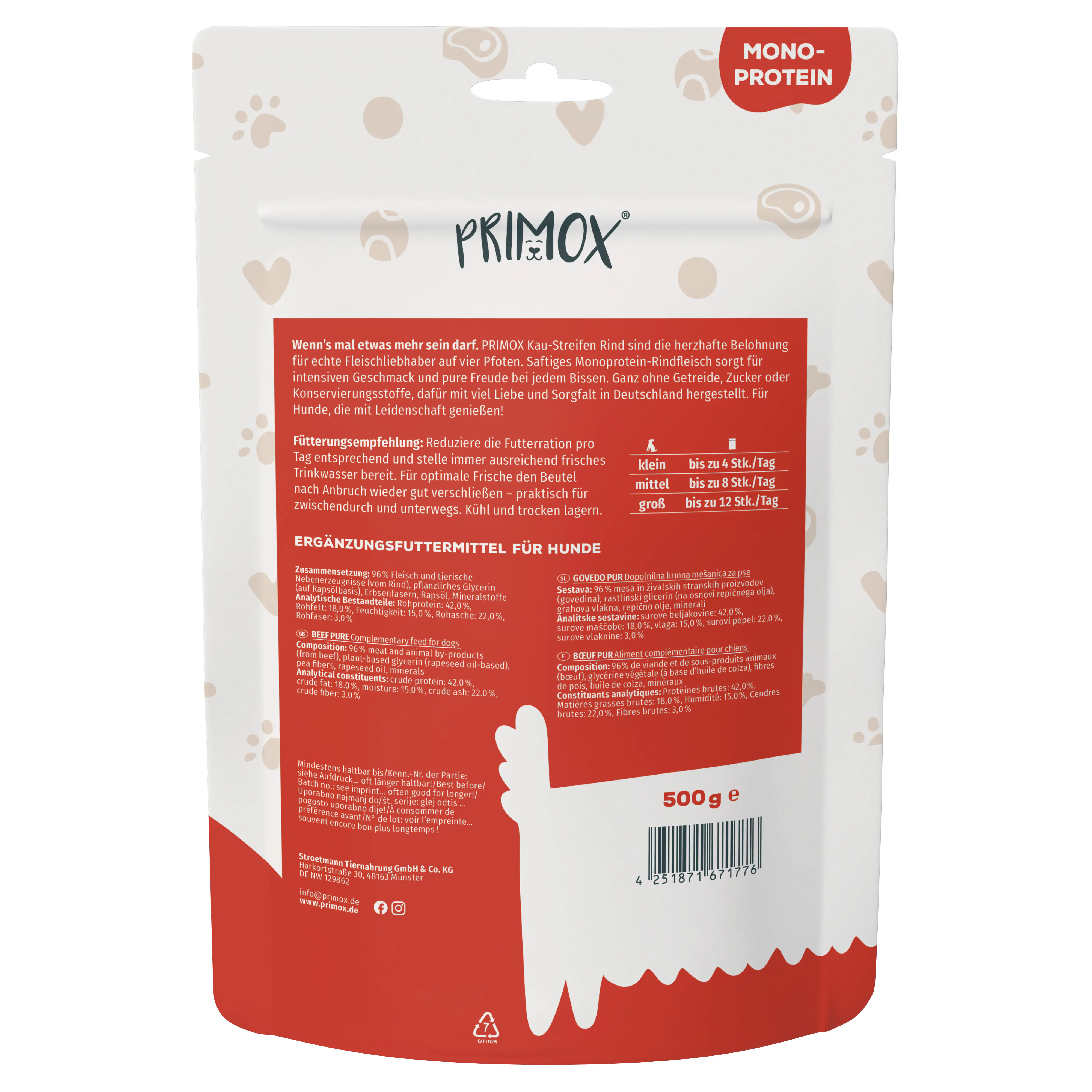Primox Hundeleckerli Snack-Streifen getreidefrei 500 g Rind