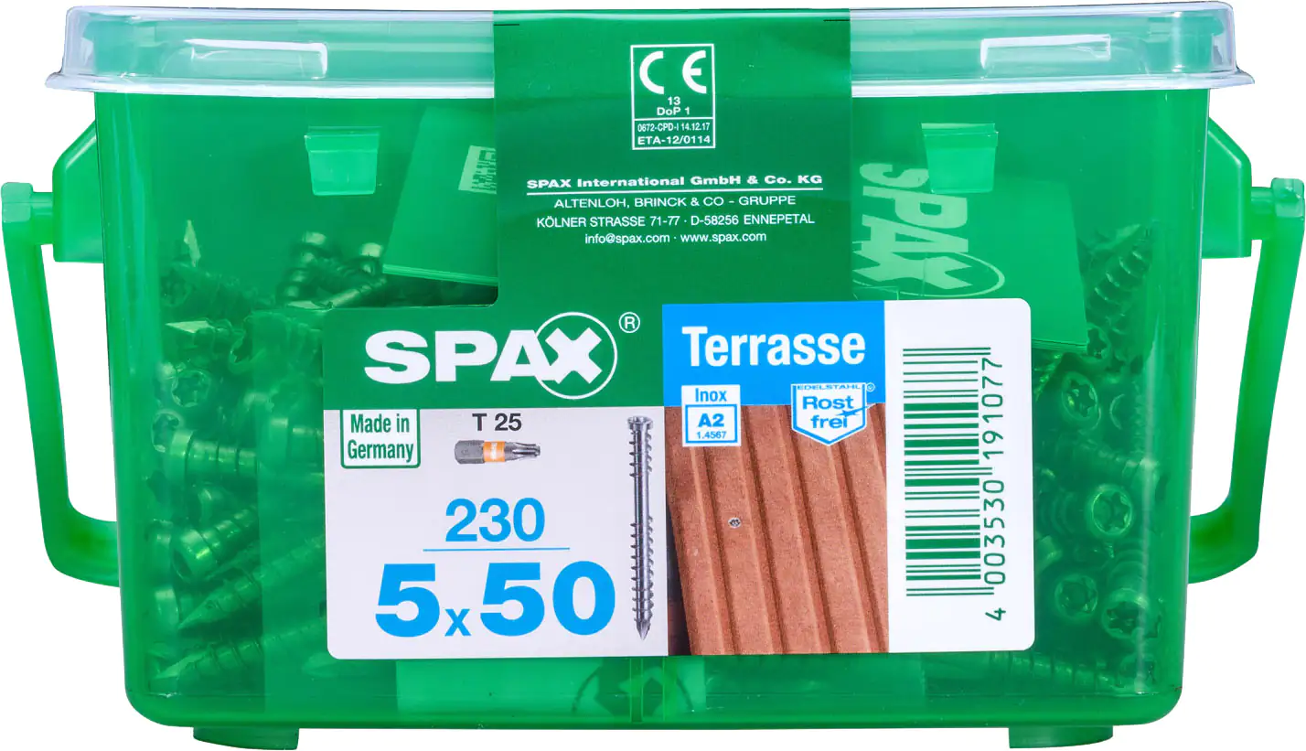Spax Terrassenschrauben 5.0 x 50 mm TX 25 Zylinderkopf - 230 Stk. Spax Terrassenschrauben 5.0 x 50 mm TX 25 Zylinderkopf - 230 Stk.