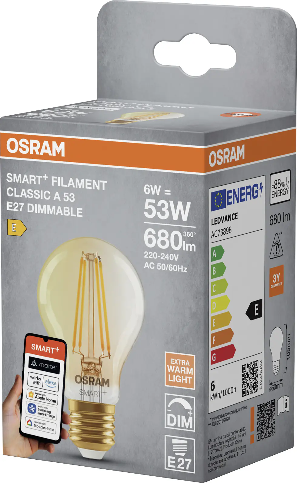 Osram SMART+ Matter Leuchtmittel E27 Classic 6W Gold dimmbar warmweiß