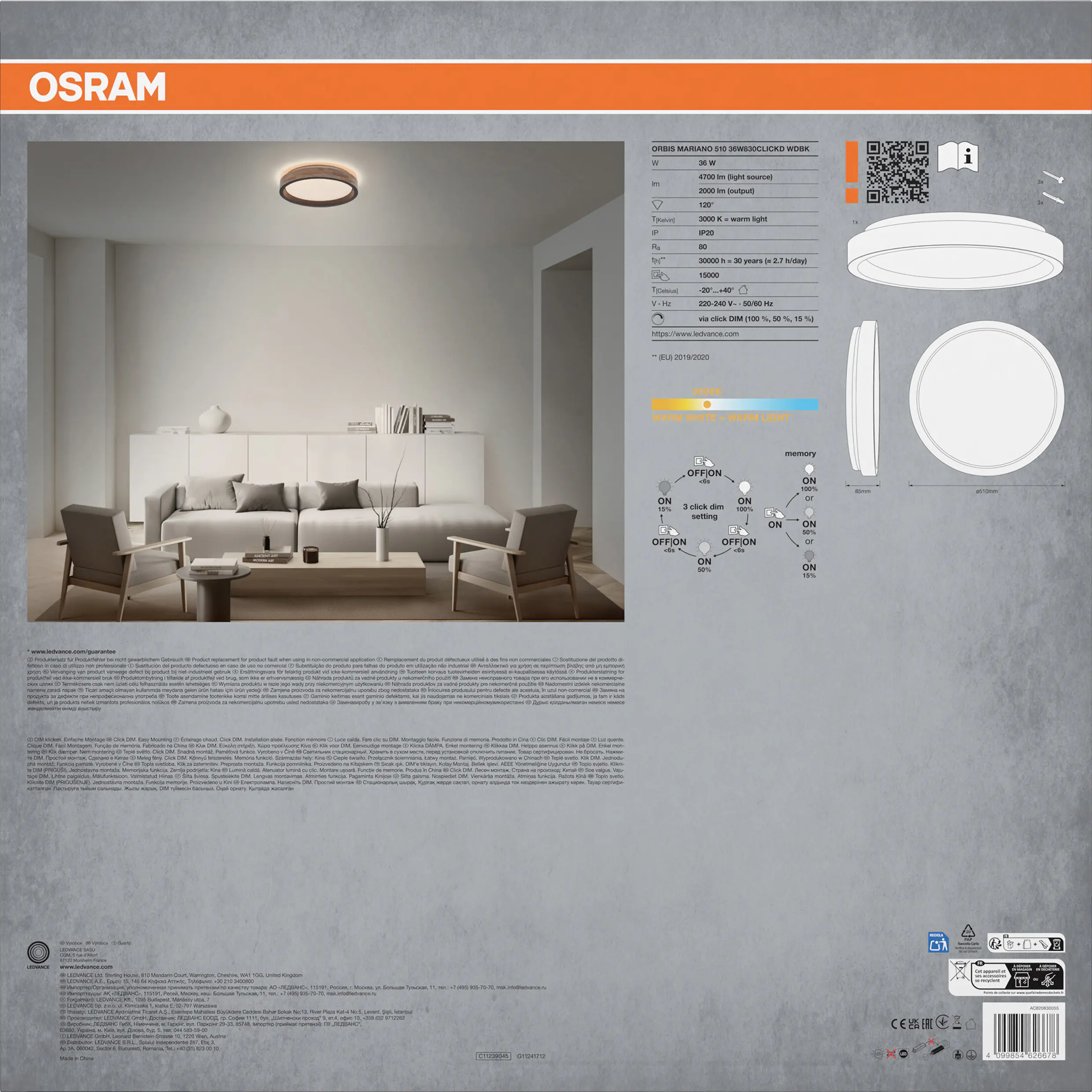 Osram LED-Deckenleuchte Orbis Mariano Ø51 cm 36 W Holzdekor schwarz dimmbar