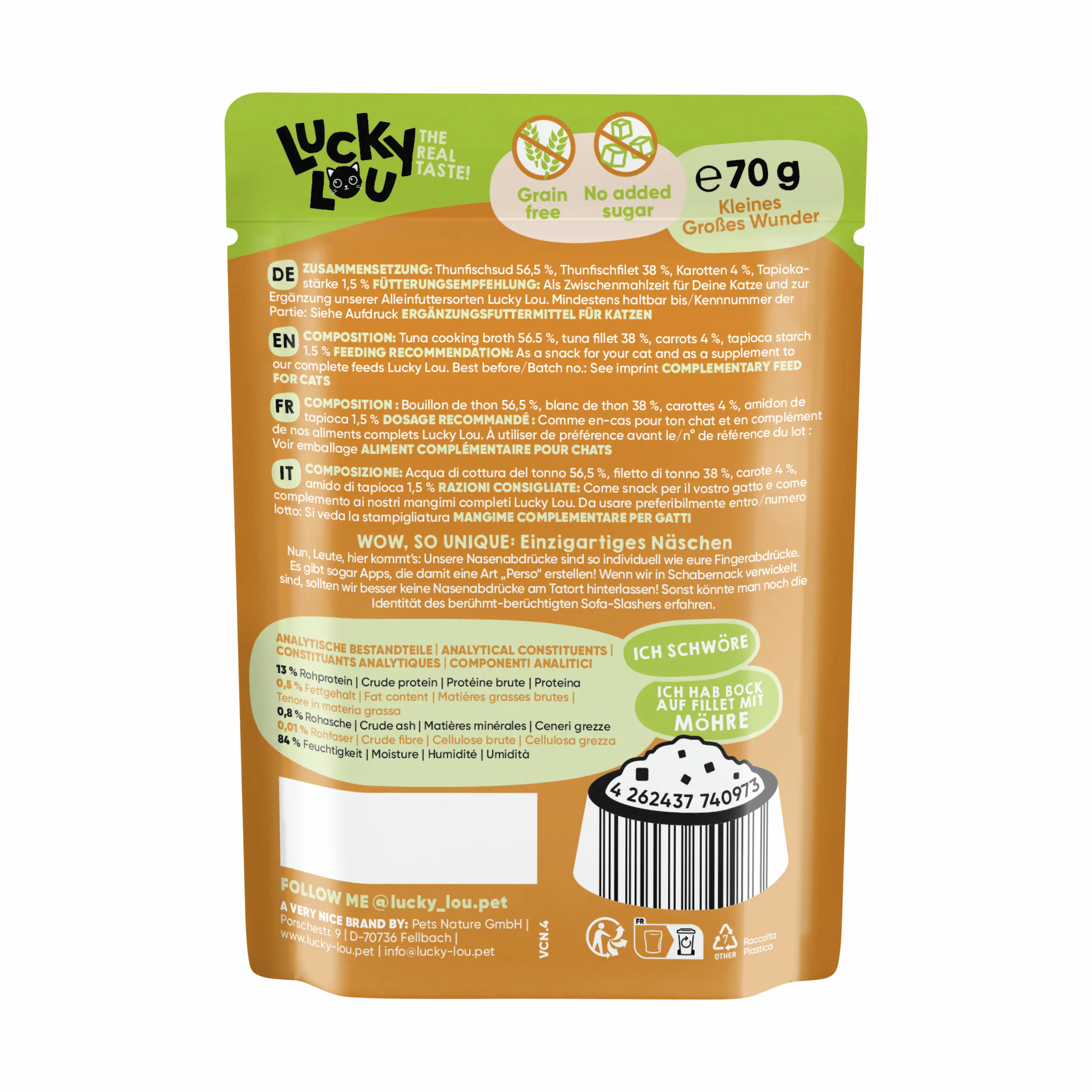 Lucky Lou Extrafood Katzennassfutter Adult getreidefrei 70 g Thunfisch & Karotte in Sud