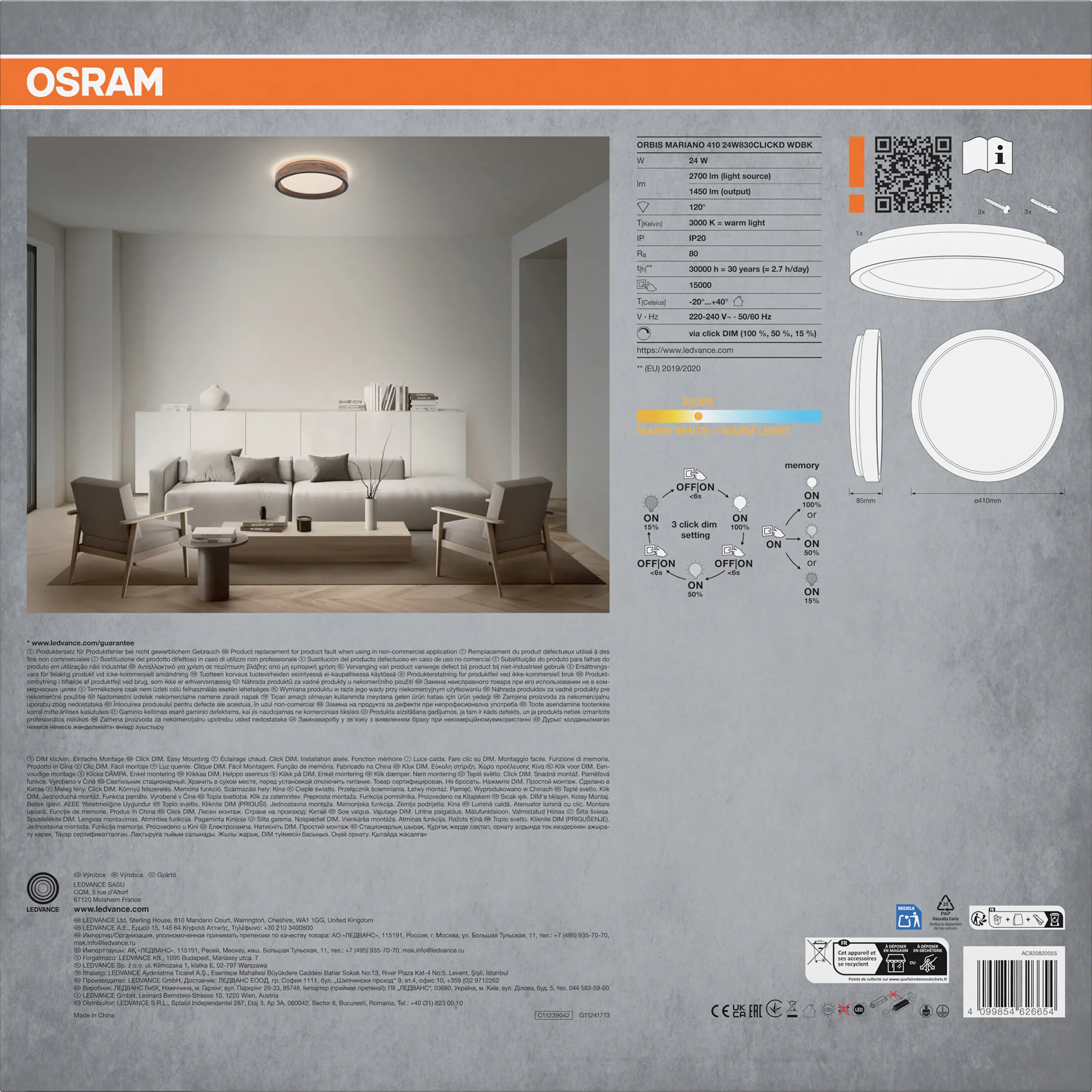 Osram LED-Deckenleuchte Orbis Mariano Ø 41 cm 24 W Holzdekor schwarz dimmbar