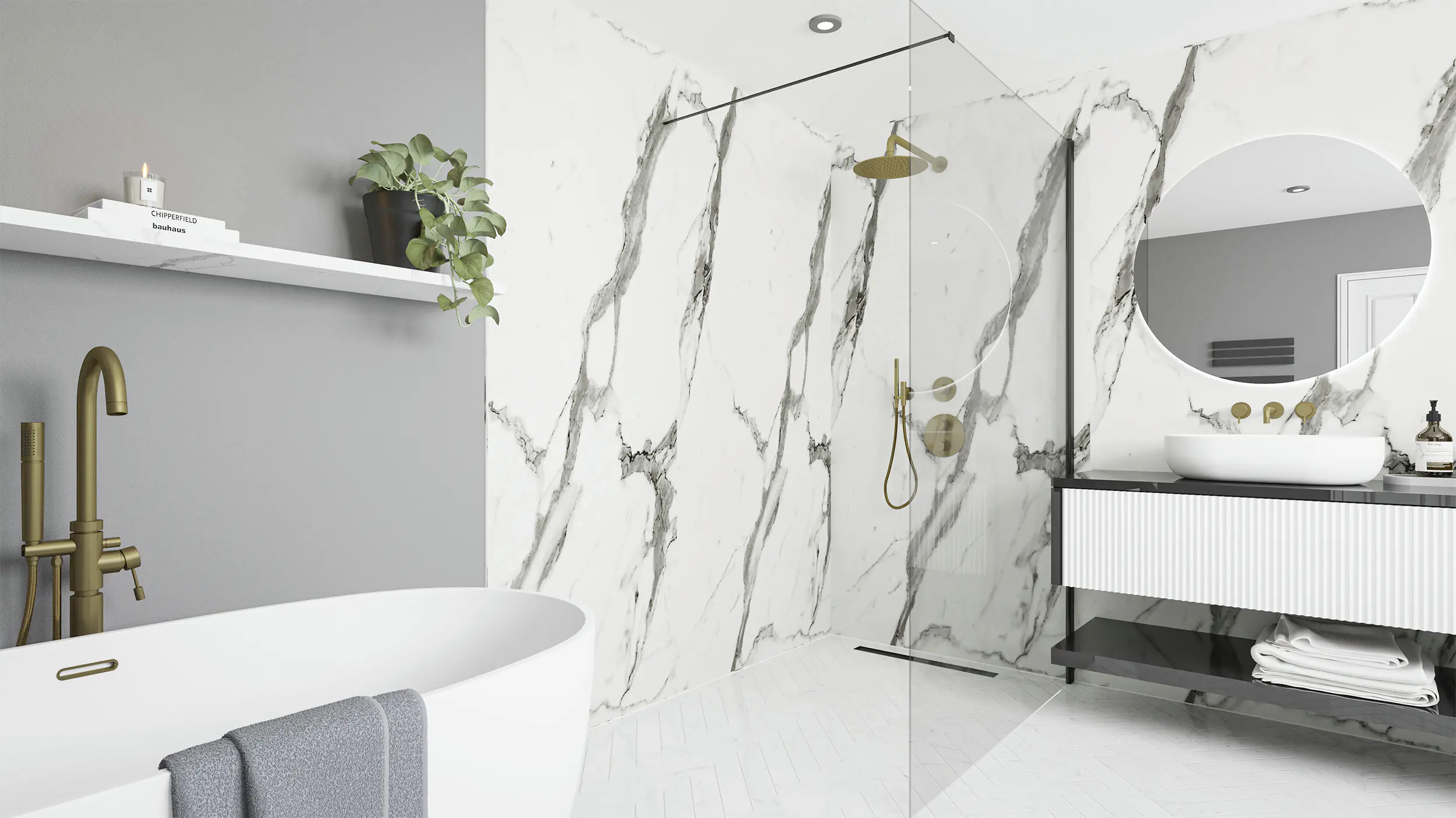 Wetwall Elite Wandpaneel  Calacatta Statuario 120 x 242 cm mit abgerundeter Abschlusskante