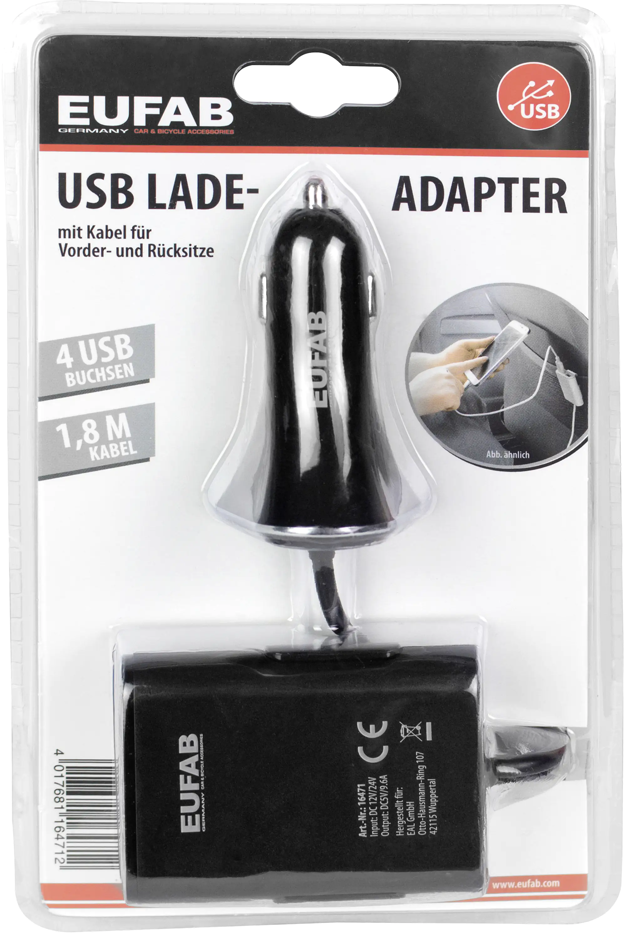 EUFAB USB Ladeadapter mit Kabel und Ladeeinheit für die Rücksitzbank EUFAB USB Ladeadapter mit Kabel und Ladeeinheit für die Rücksitzbank
