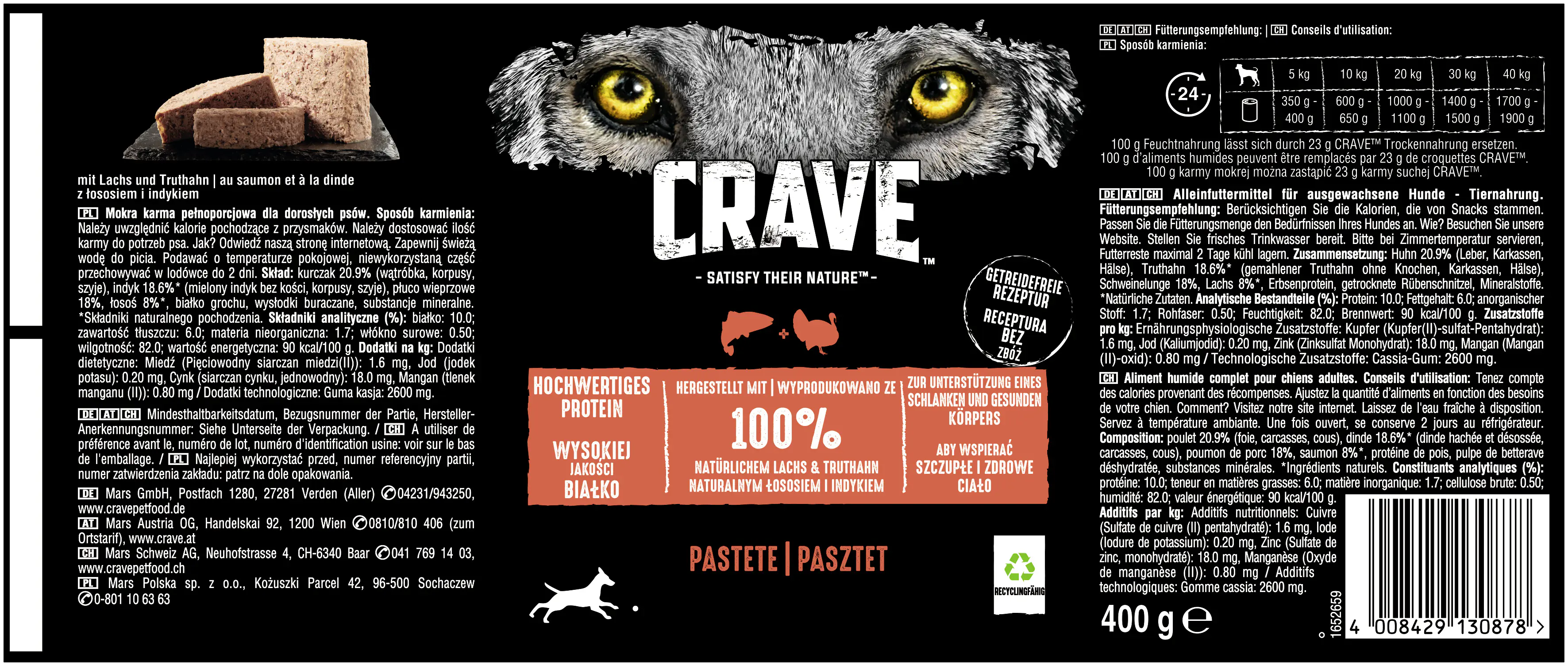 Crave Pastete Hundenassfutter Adult 400 g Lachs & Truthahn
